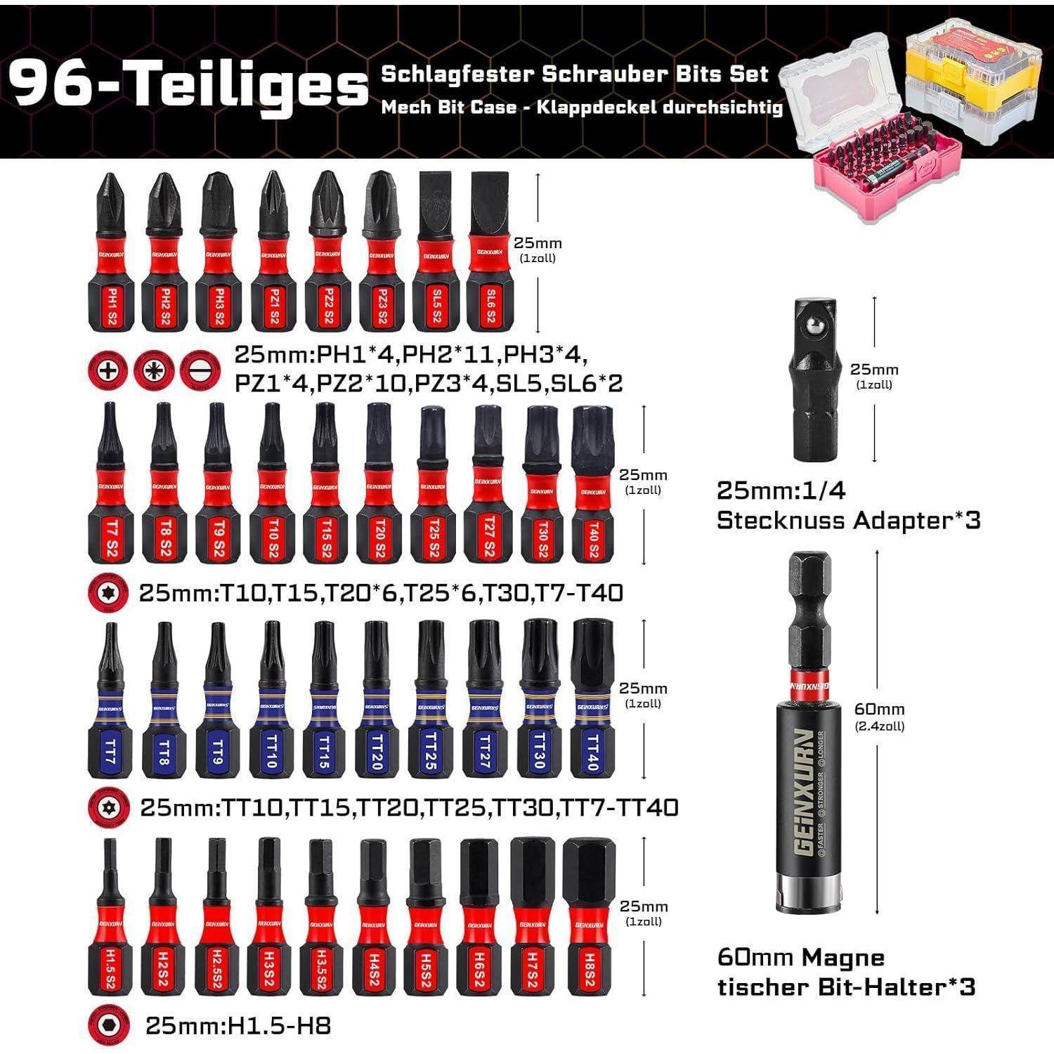 96-teiliges Schraubendreher-Bit-Set mit Anordnung, das 25-mm-Philips-, Pozidriv-, Torx-, Sechskant- und Sicherheits-Bits umfasst, sowie 3 Adapter und 3 Magnethalter.