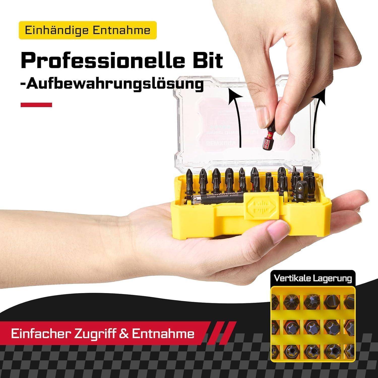 Hände halten eine offene gelbe Bitaufbewahrungsbox mit verschiedenen Schraubendreher-Bits; deutsche Etiketten werben für einhändige Entfernung, einfachen Zugang und vertikale Lagerung.