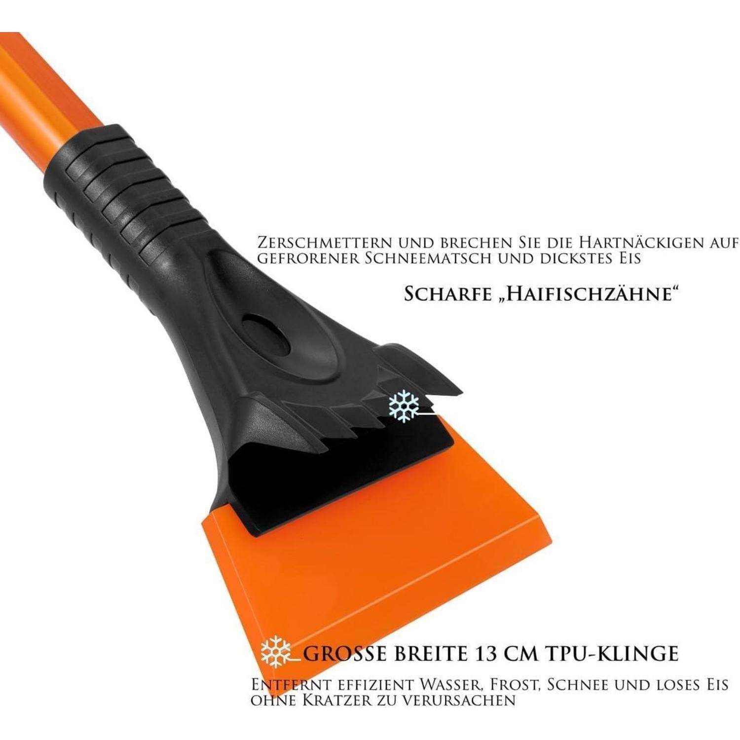 Oranger Eiskratzer mit schwarzem Griff und gezahnter Klinge; deutscher Text bewirbt das Aufbrechen von hartem Eis, 13 cm TPU-Klinge und kratzfreies Entfernen von Schnee und Eis.