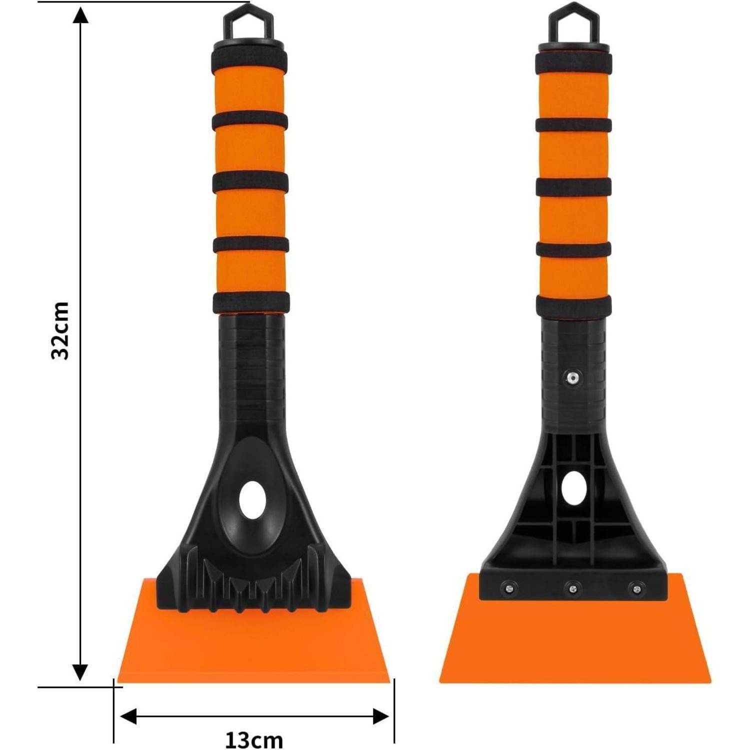Zwei orange-schwarze Eiskratzer von vorne und von der Seite gezeigt, 32 cm groß und 13 cm breit an der Basis.