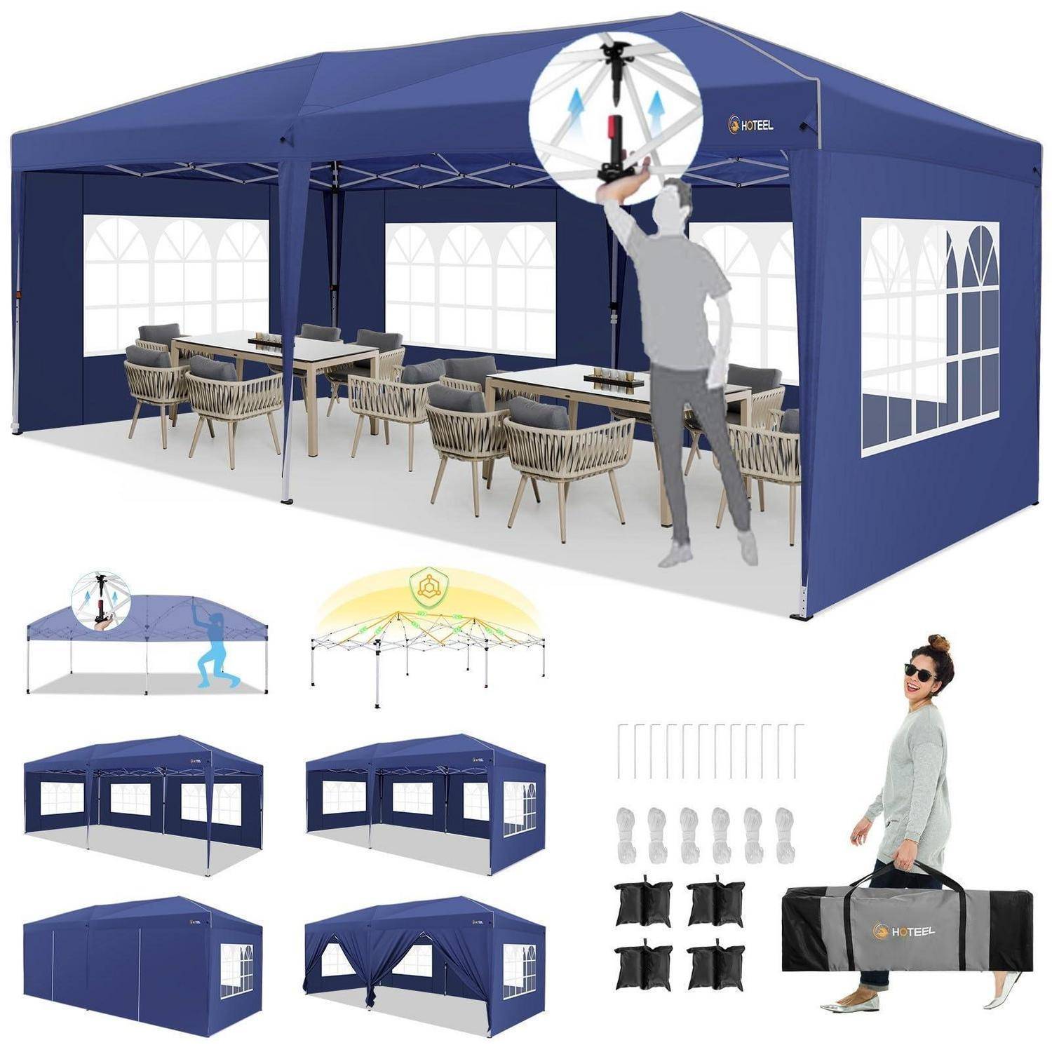 Illustration eines blauen Pop-up-Zelts mit Fenstern, Tischen und Stühlen, einer Person beim Aufbau, sowie kleinere Ansichten mit Montage, Gestell und Tragetasche.
