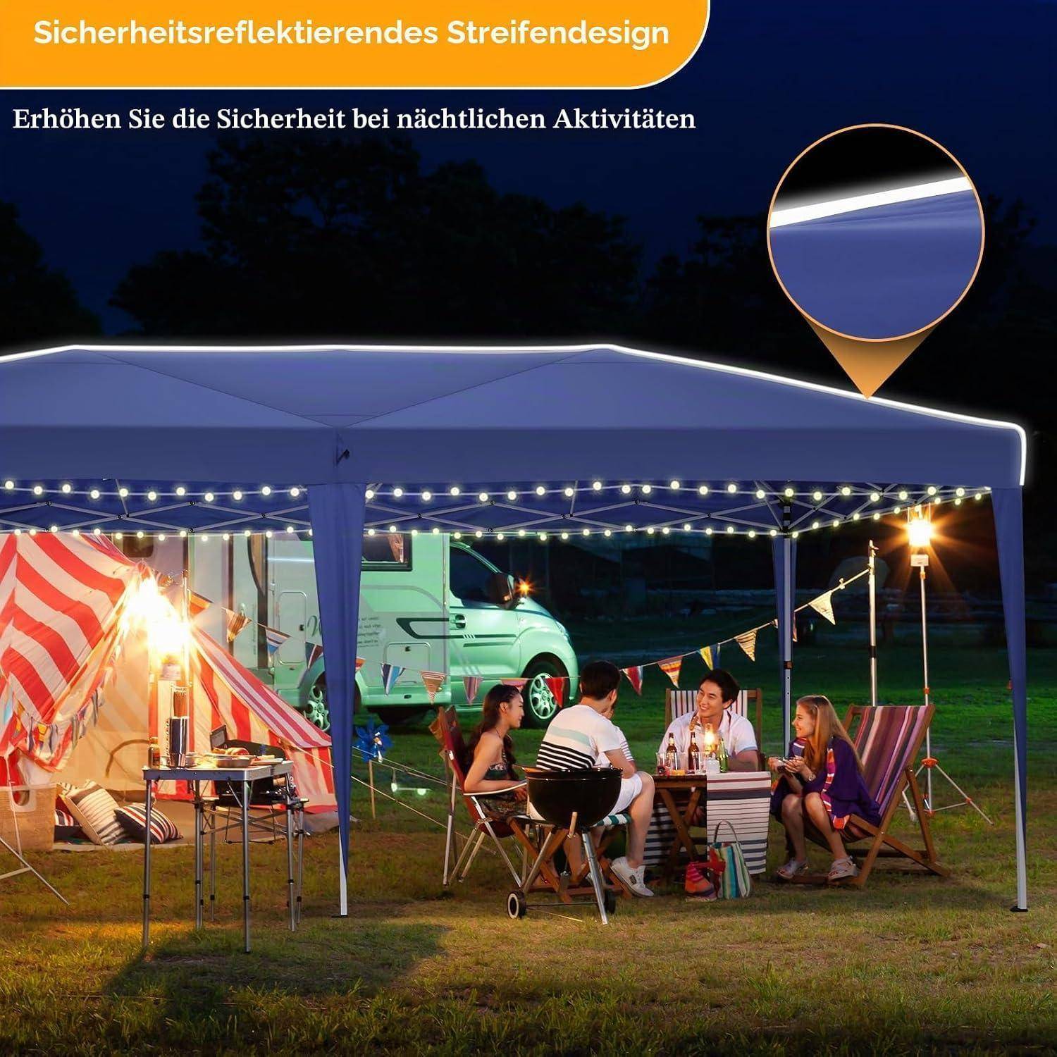 Nachtnächtlicher Campingplatz unter einem beleuchteten Baldachin mit speisenden Menschen; Beschriftung hebt das reflektierende Streifendesign für erhöhte Sichtbarkeit und Sicherheit hervor.