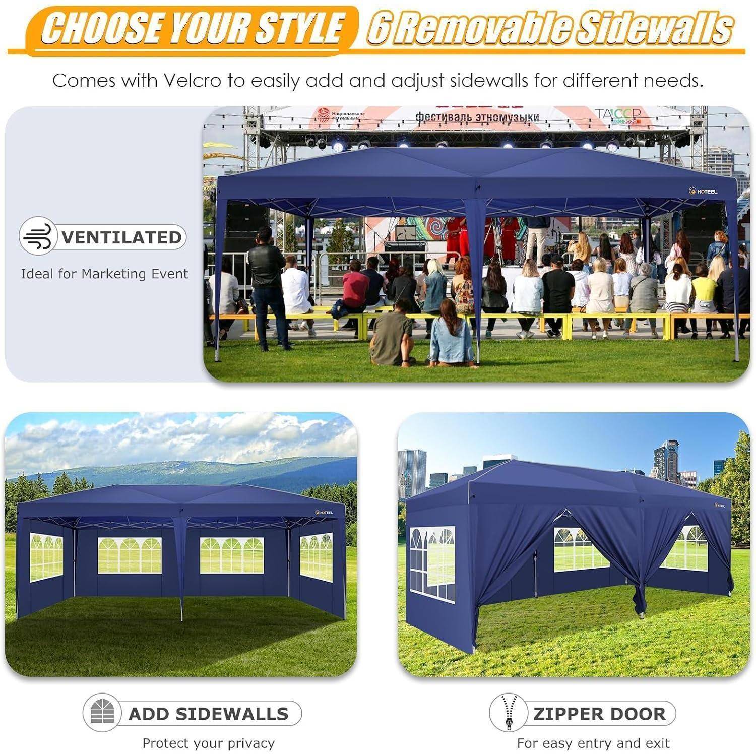 Werbegrafik für ein blaues Pavillon-Zelt mit „6 abnehmbaren Seitenwänden", die belüftete, zusätzliche Seitenwand- und Reißverschluss-Tür-Optionen für Marketing-Veranstaltungen zeigt.