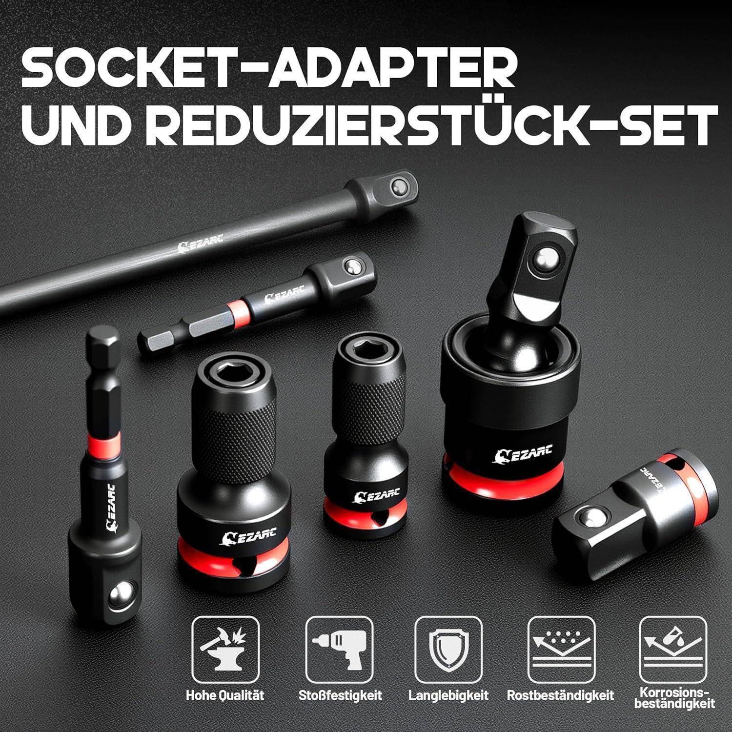 Produktbild einer Steckdosenadapter- und Reduzierstücksammlung mit mehreren schwarzen Metalladaptern und Verlängerungsstücken, gekennzeichnet mit „Hohe Qualität