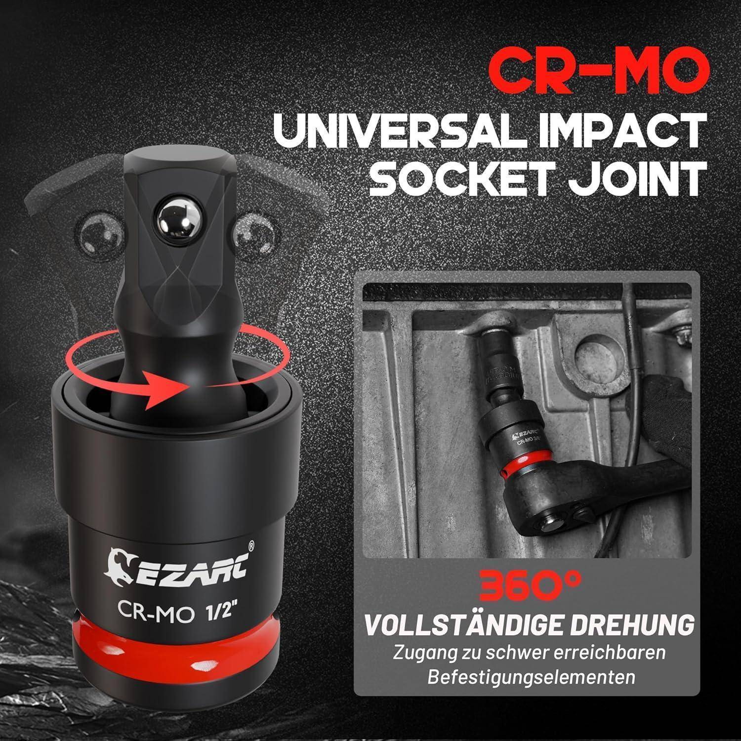 EZARC CR-MO 1/2 Universal-Schlagschraubereinsatz mit Kugelgelenk, zeigt 360°-Drehung zum Erreichen schwer zugänglicher Befestigungselemente.