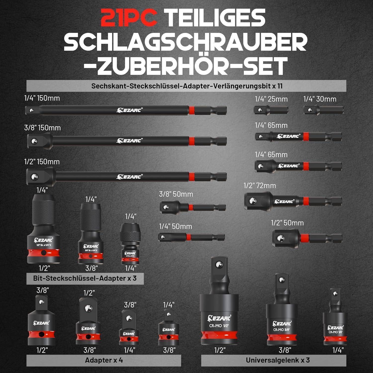 Produktbild eines 21-teiligen Schraubendreher-Zubehörsatzes, das Verlängerungsstangen, Steckernachlässe und Universalgelenke in verschiedenen Antriebsgrößen zeigt.