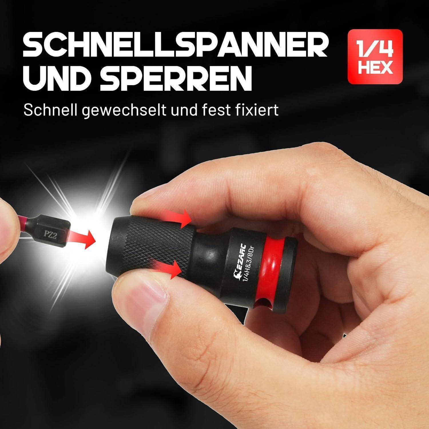 Hände verwenden einen 1/4-Zoll-Sechskant-Schnellwechsler zum Verriegeln und Freigeben eines Bits; Text lautet „SCHNELLSPANNER UND SPERREN