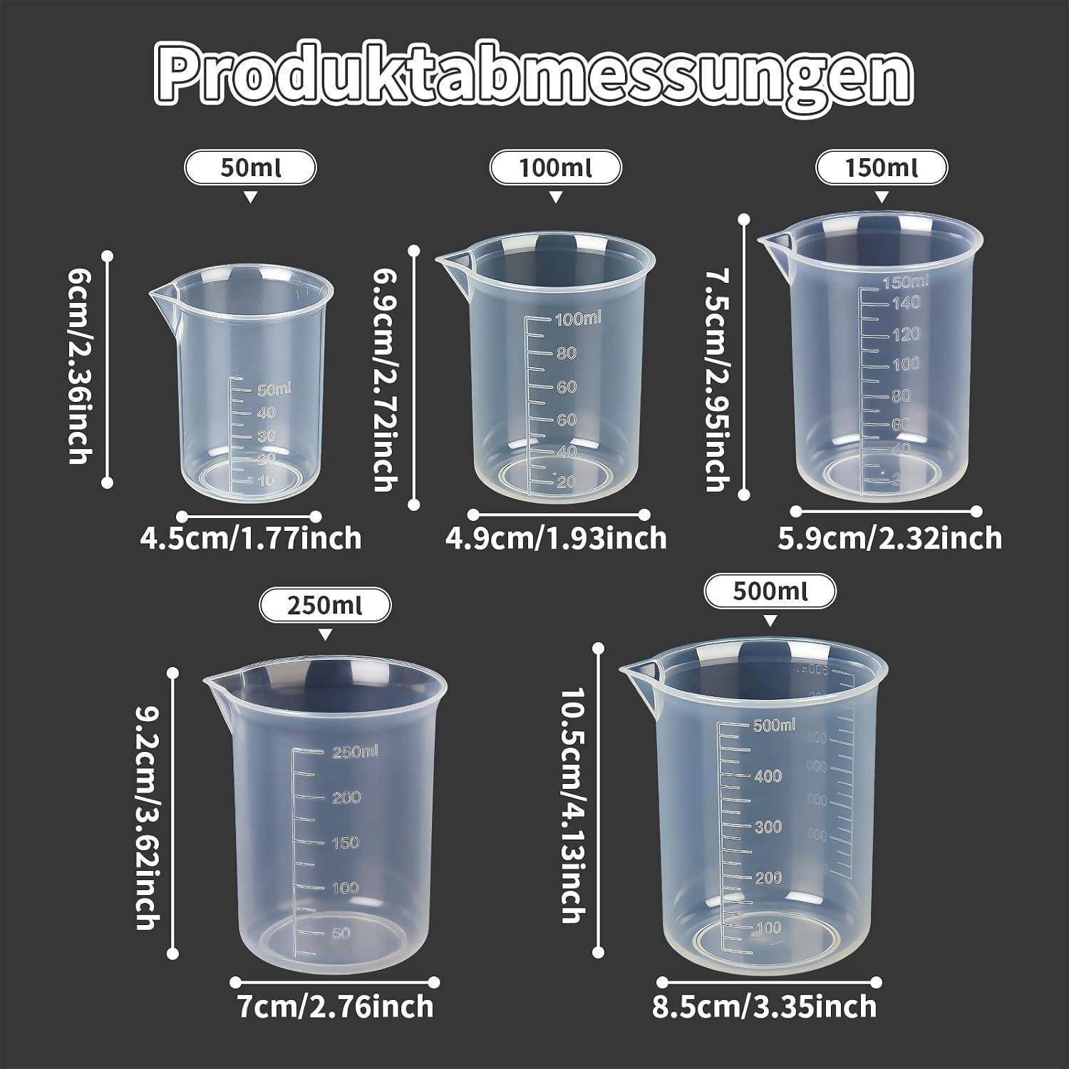 # Messbecher-Diagramm mit fünf Kunststoffbechern mit den Bezeichnungen 50ml, 100ml, 150ml, 250ml und 500ml mit ihren Höhen und Durchmessern in cm/Zoll.