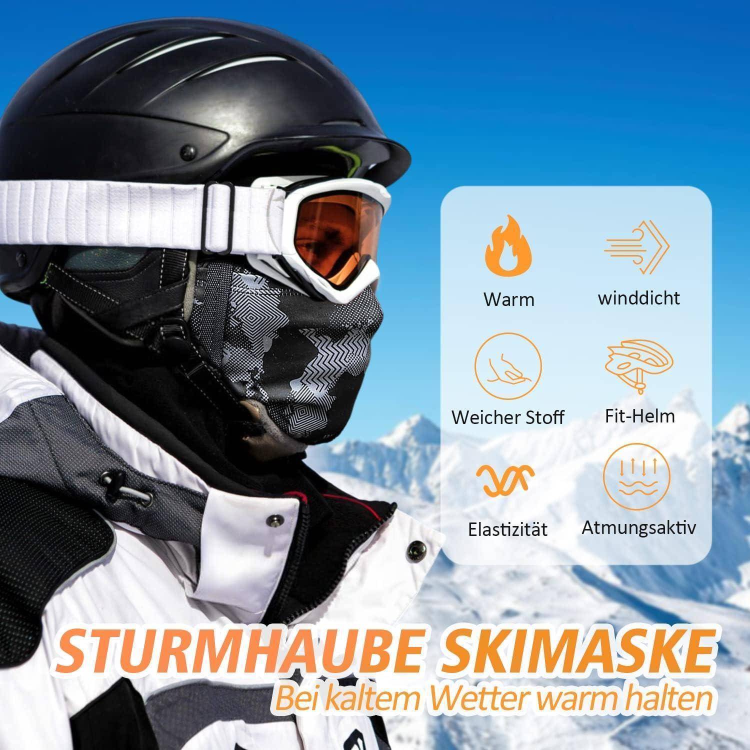 Person mit Skihelm und Schutzbrille trägt einen Sturm-Sturmhaube; deutscher Text bewirbt eine warme, winddichte, atmungsaktive Winterski-Maske für Kältewetter.