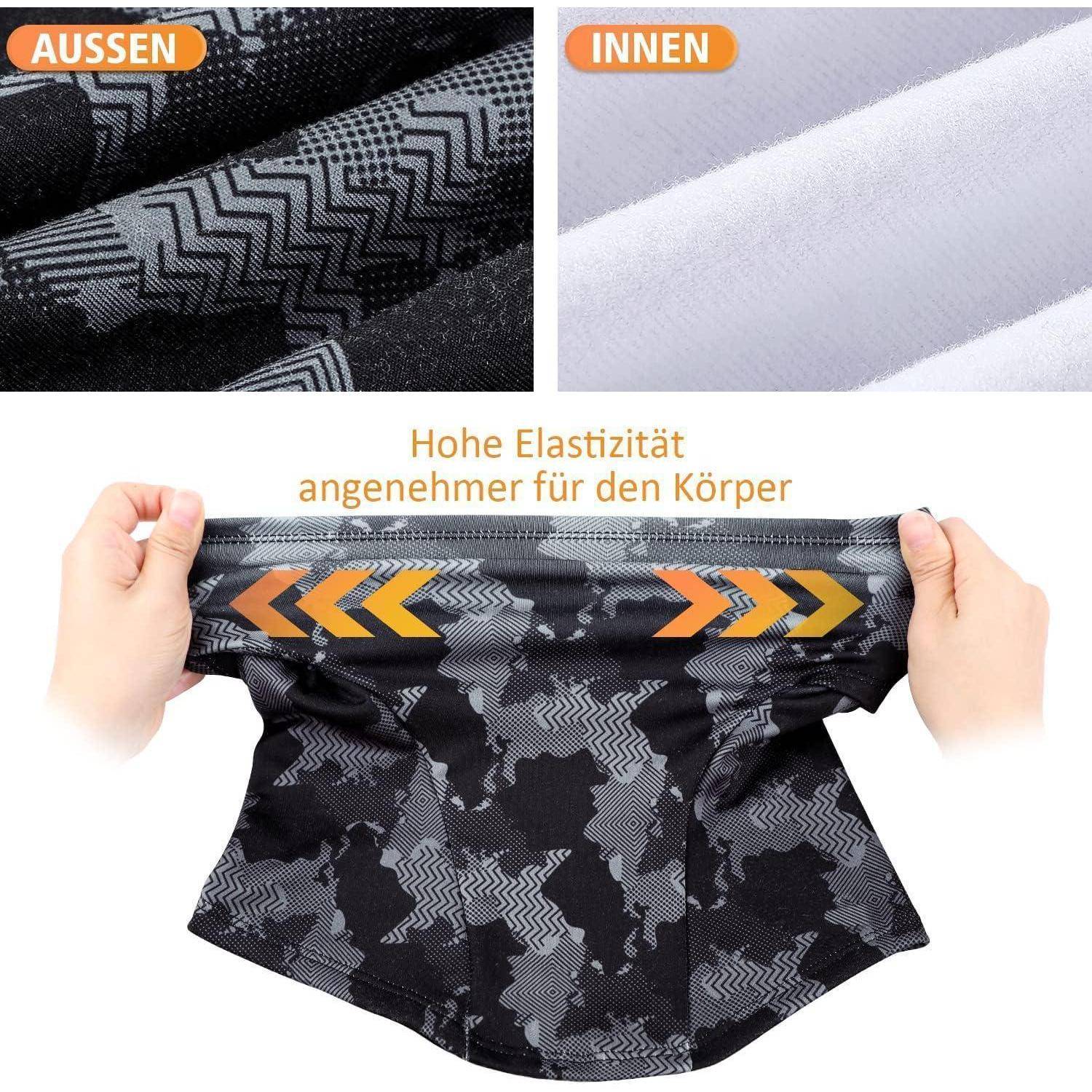 Foto mit Vergleich der Außenseite und Innenseite eines Stoffes, wobei Hände schwarzes gemustertes Tuch dehnen; der Text besagt „Hohe Elastizität angenehmer für den Körper