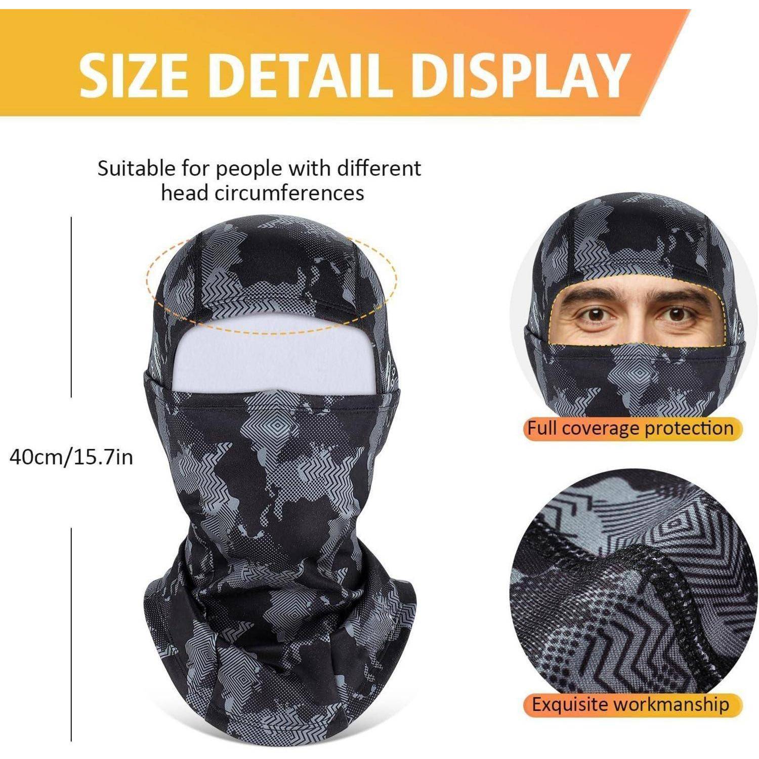 Produktgrößenanzeige für einen Tarn-Sturmhaube, das eine Kopfumfangpassform von 40 cm/15,7 Zoll, vollständige Gesichtsbedeckung und eine Nahaufnahme der Stoffdetails zeigt.