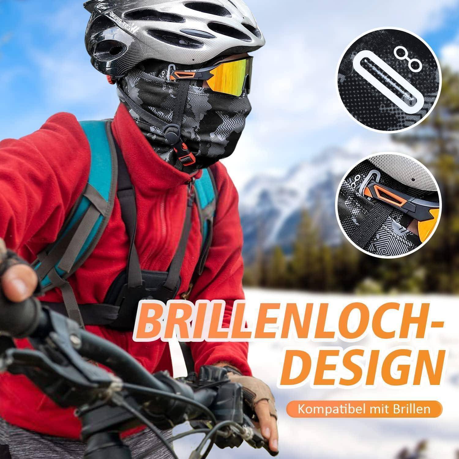 Radfahrer in Helm und roter Jacke mit Gesichtsbedeckung und Rucksack auf einem Bergpfad; eingesetzte Nahaufnahmen zeigen die Helmbelüftungsöffnung für Brillen im Design, mit Text „BRILLENLOCH-DESIGN