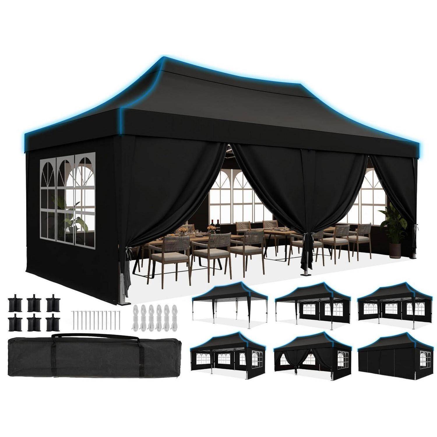 Schwarzes Outdoor-Pavillon-Zelt mit Spitzdach und Vorhängen, gezeigt geöffnet mit Tischen und Stühlen innen, plus kleinere Ansichten und enthaltene Rahmen-Zubehörteile.