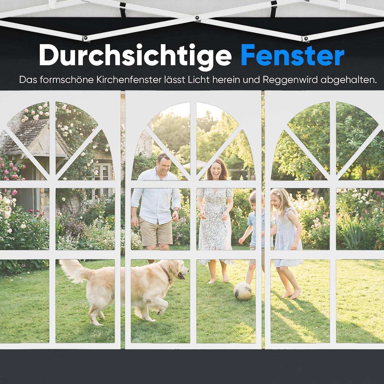 Anzeige mit transparenten Fensterscheiben, durch die eine Familie und ein Hund draußen sichtbar sind; die Überschrift lautet „Durchsichtige Fenster" und der Text besagt, dass das dekorative Küchenfenster Licht hereinlässt und Regen abhält.