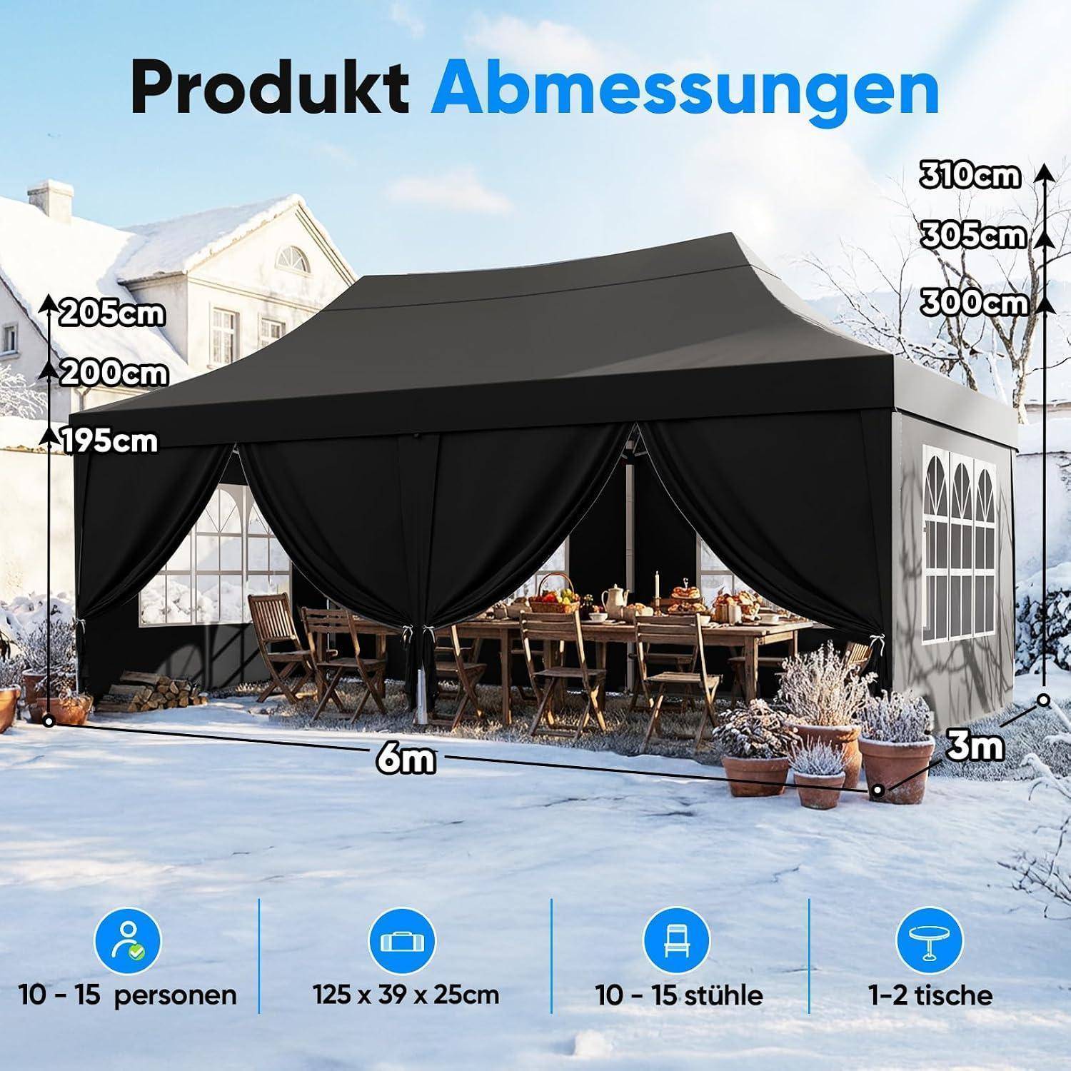 Schwarzes Popup-Pavillon-Zelt Dimensionsgrafik: 6 m breit, 3 m tief, Höhe 195-205 cm, passt für 10-15 Personen, 10-15 Stühle, 1-2 Tische.