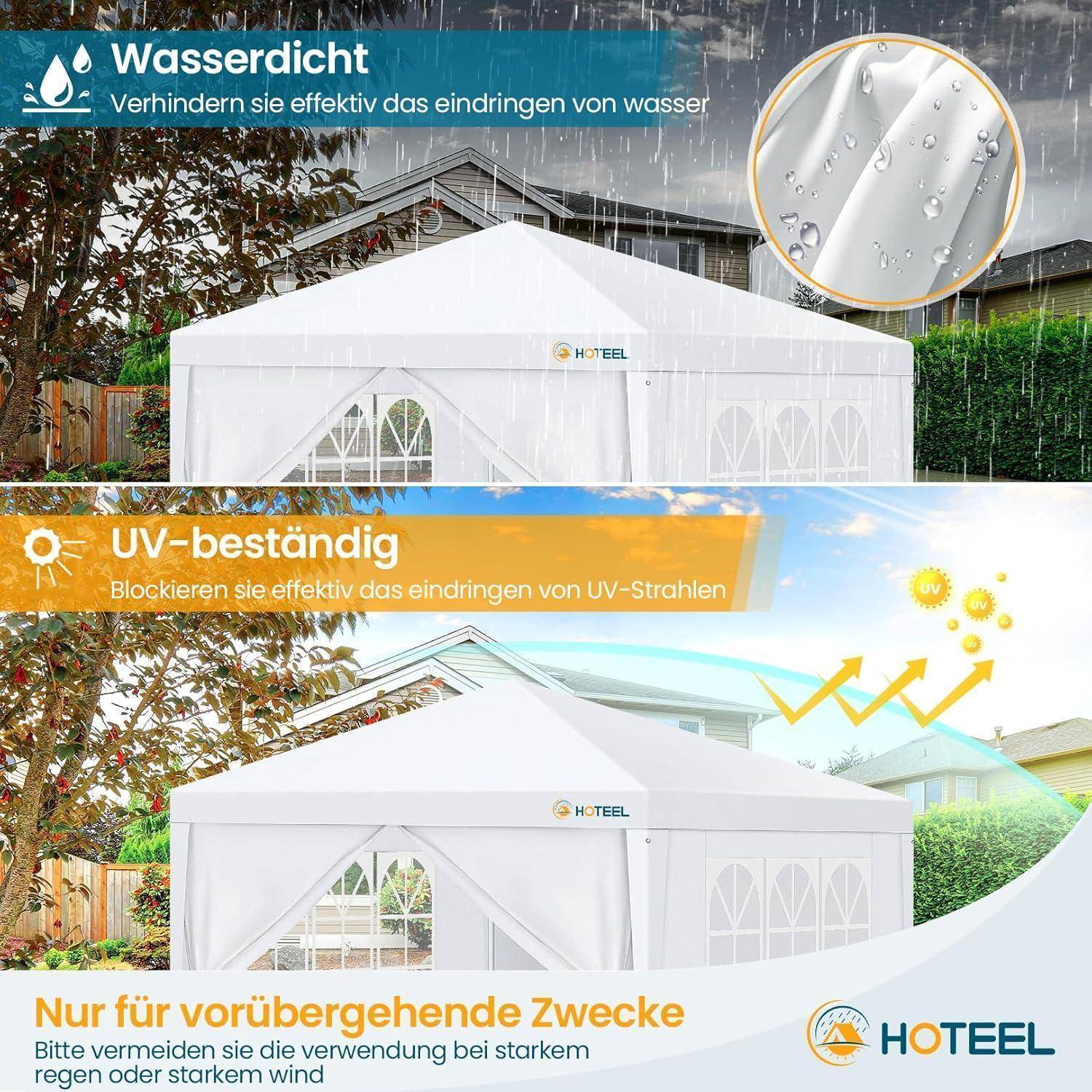 Werbegrafik eines weißen HOTEEL-Pavillon-Zeltes mit wasserdichten und UV-resistenten Eigenschaften, mit Regen, Sonne und Warntext, dass es nur für vorübergehende Nutzung bestimmt ist.