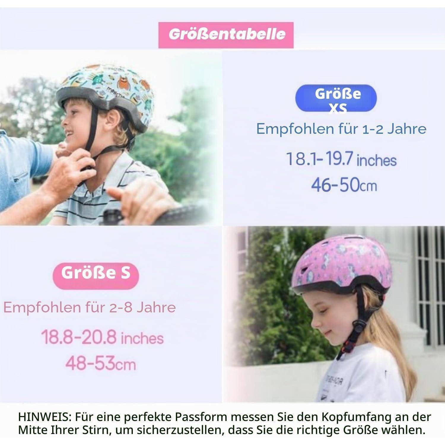 Helmgröße: XS für Alter 1-2 Jahre, 18,1-19,7 Zoll/46-50 cm; S für Alter 2-8 Jahre, 18,8-20,8 Zoll/48-53 cm; ein Hinweis empfiehlt, den Kopfumfang zu messen.