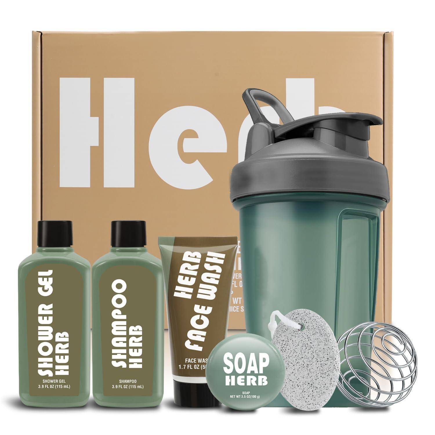 Kräuter-Badeset mit Flasche, Shampoo, Gesichtsreiniger, Seife, Schwamm, Bürste und Markenverpackung.