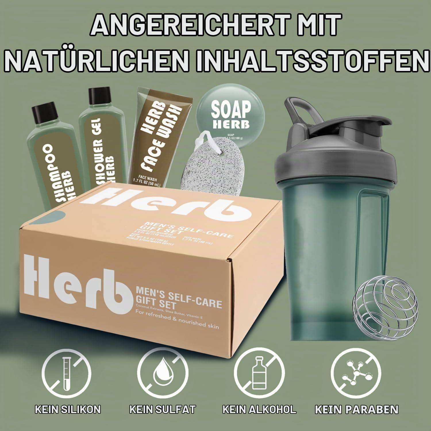BODY & EARTH Gifts Männer Bad Geschenkset, 6-tlg. Dusch Geschenkset für Männer mit Frischem Vetiverduft, Duschgel, Gesichtswäsche, Wasserflasche