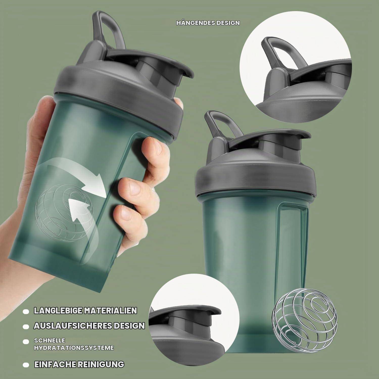 Werbebild einer durchscheinenden grünen Shaker-Flasche mit grauem Deckel und Trageöse, die das auslaufsichere Design, das eingebaute Hydrationssystem, die einfache Reinigung und langlebige Materialien hervorhebt.