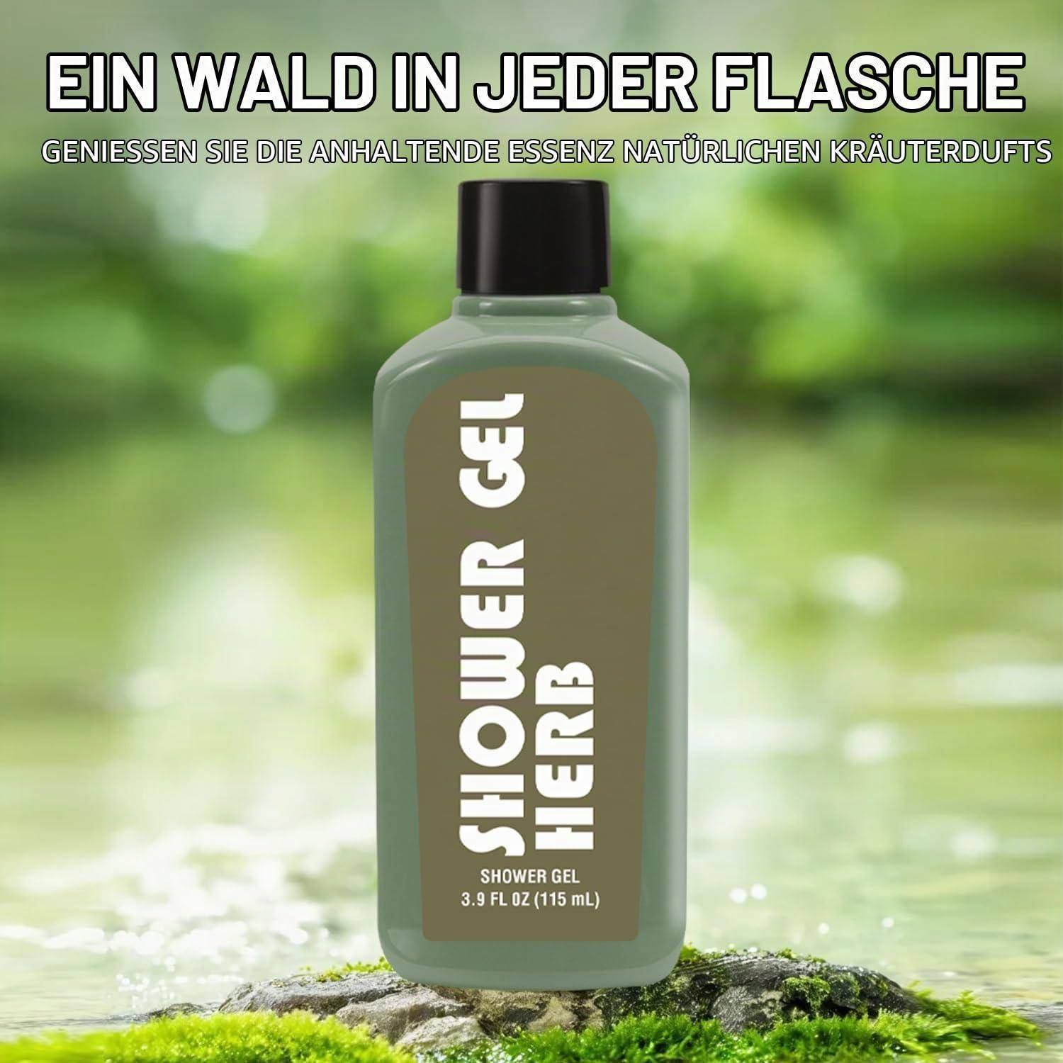 Eine grüne Duschgel-Flasche mit der Aufschrift „SHOWER GEL HERB