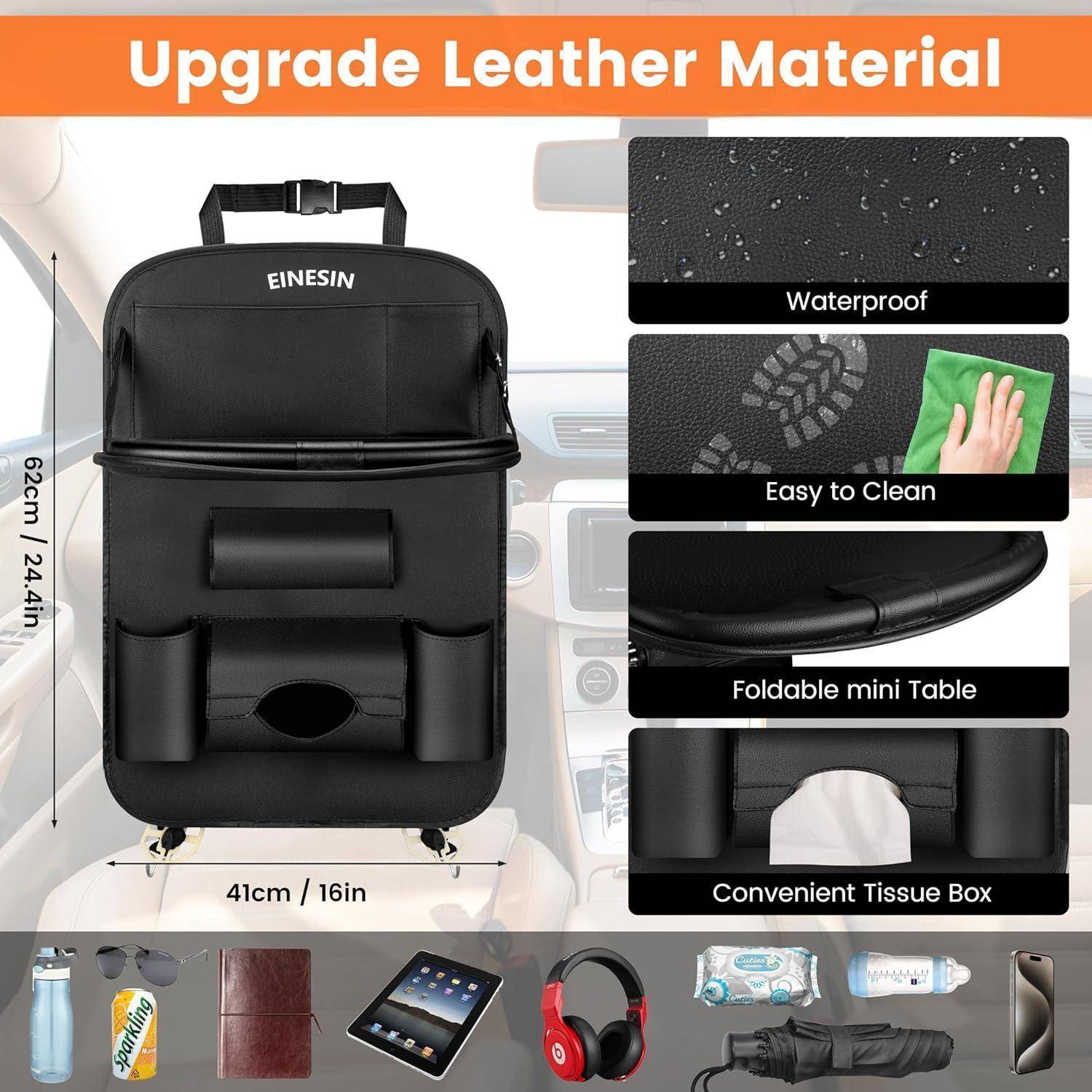 Schwarze Autositzorganizer-Tasche mit Rückenlehnen-Befestigung mit der Marke EINESIN, mit Abmessungen und Merkmal-Beschriftungen für wasserdichtes Leder, einfache Reinigung, klappbarer Minitisch und Taschentuchboxhalter.