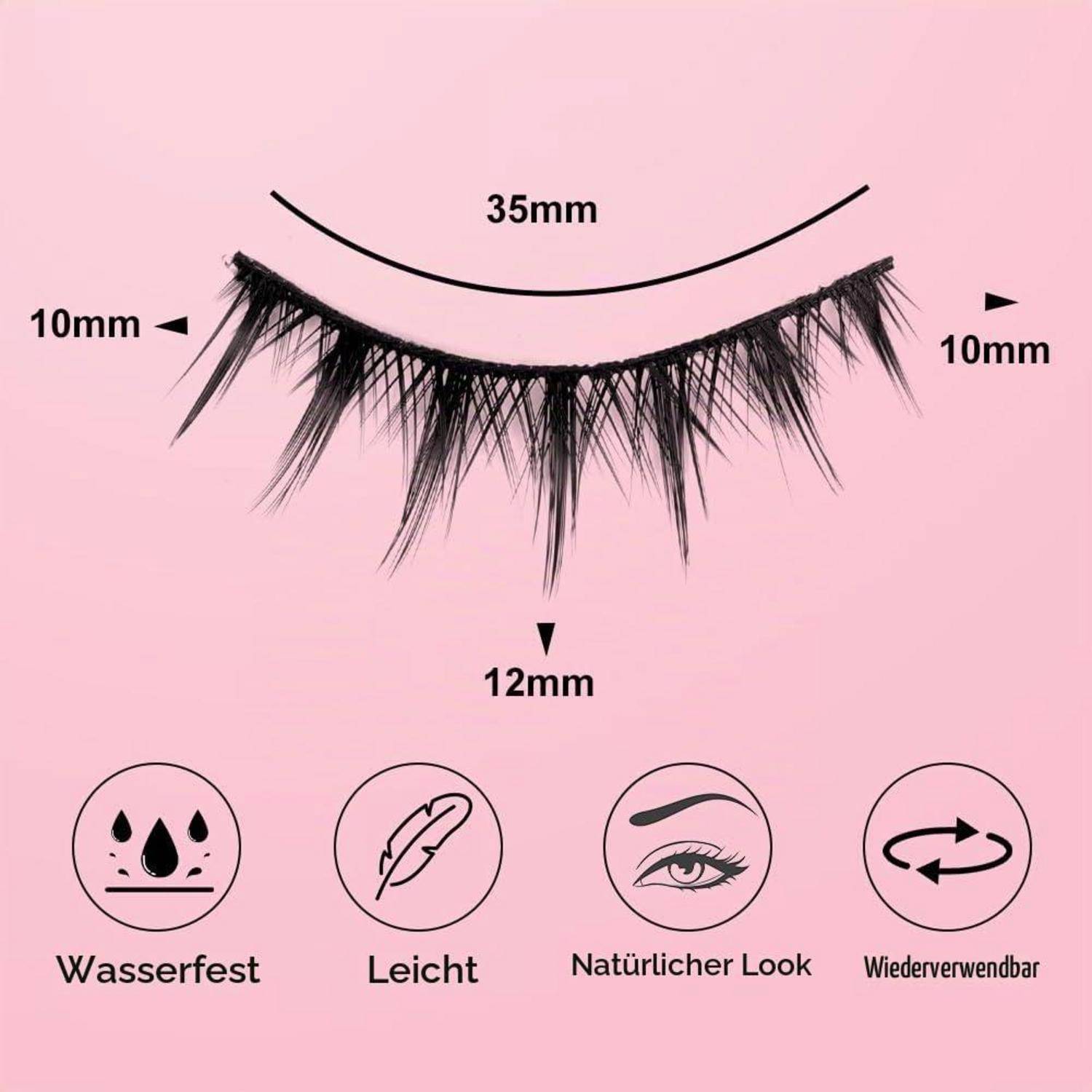 Streifen für künstliche Wimpern auf rosa Hintergrund, beschriftet mit 35 mm Breite, 10 mm äußere Länge, 12 mm mittlere Länge, mit Symbolen für wasserfest, leicht, natürliches Aussehen und wiederverwendbar.