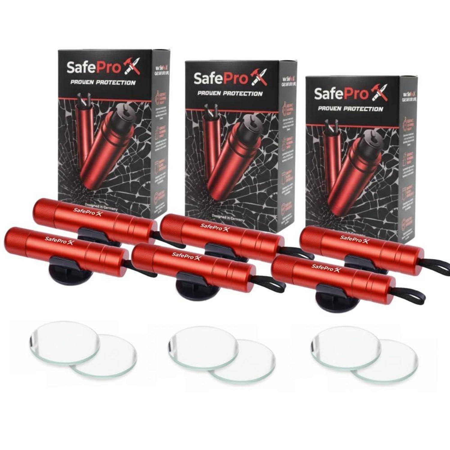 Drei SafePro 'Proven Protection' rot eloxierte Taschenlampen-Sets mit Boxen, Befestigungsgurten und sechs runden Glaslinsen auf weißem Hintergrund.