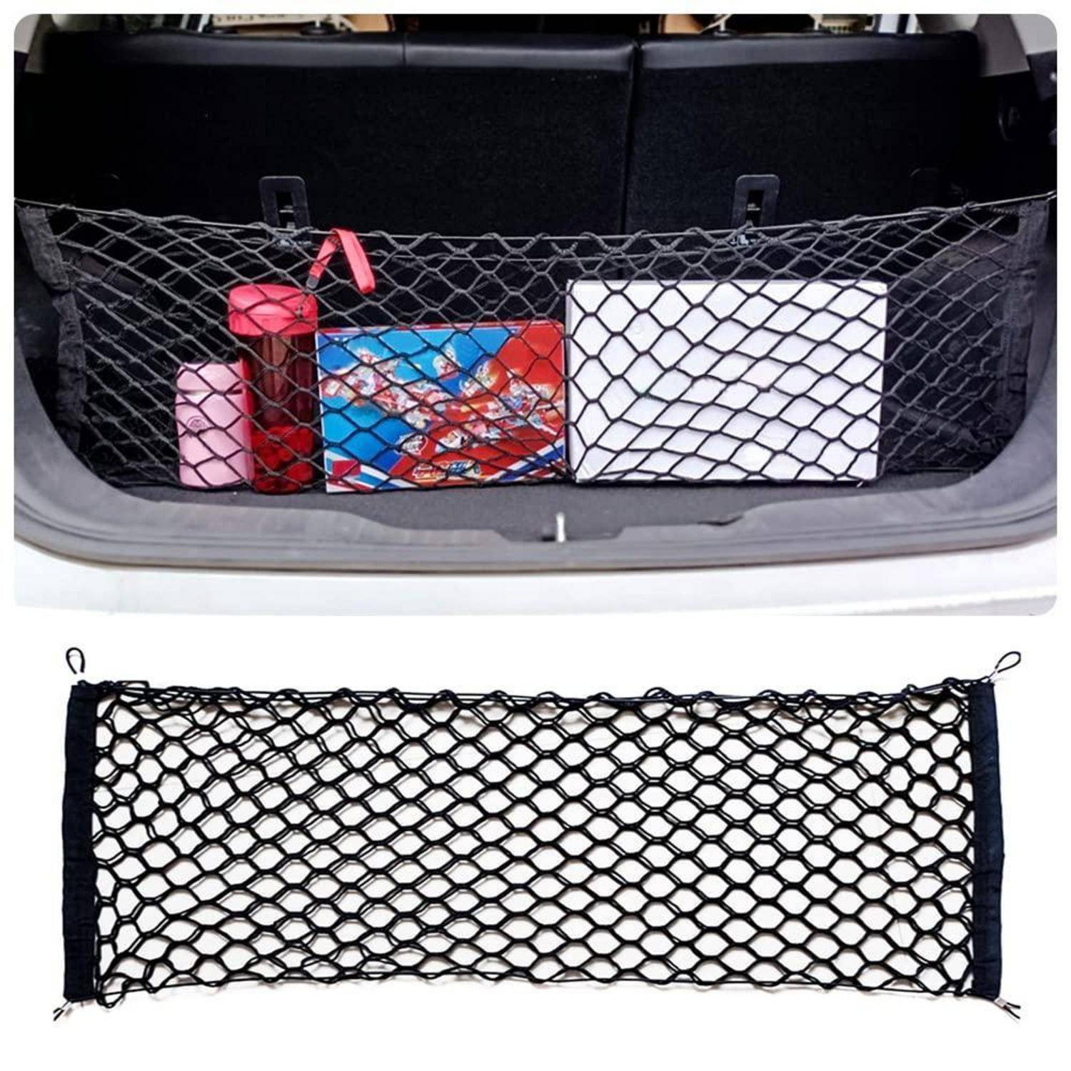 Kofferraumnetz zum Sichern von Ladung; unten gezeigtes Produkt als schwarzes elastisches Maschenorganizer mit Haken.