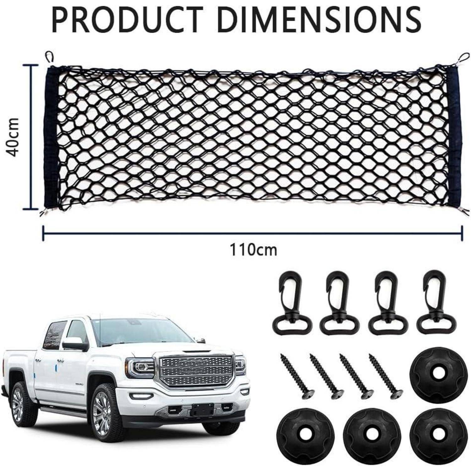Produktabmessungensdiagramm für ein schwarzes Ladungsnetz: 110 cm breit mal 40 cm hoch, mit Klemmen und Schrauben neben einem Pickup-Truck zur Größenreferenz dargestellt.