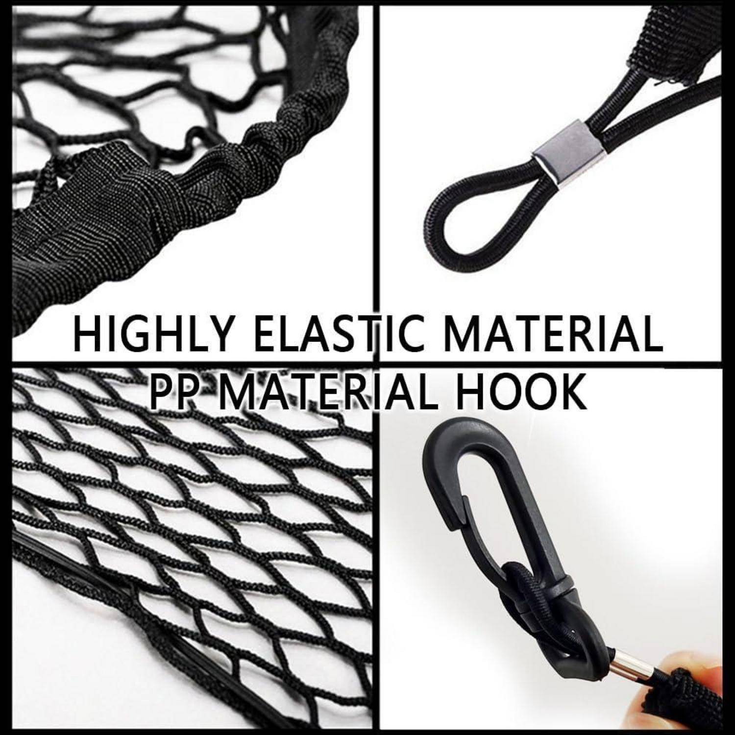 Kollagenbild zeigt ein schwarzes elastisches Frachtnetze mit PP-Material-Haken und Klipp, beschriftet mit „HOCHWERTIGES ELASTISCHES MATERIAL