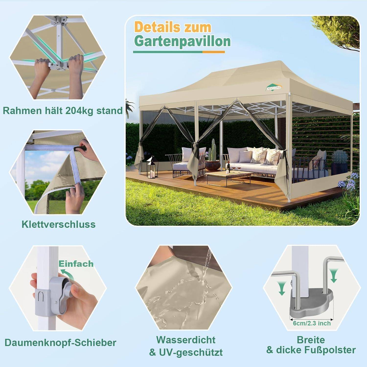 Deutsches Infografik eines Gartenpavillons, das eine Laube mit Sofasitzplätzen und Funktionshinweisen zeigt: Rahmen hält 204 kg, Reißverschlussschluss, Daumen-Schiebesperre, wasserdicht und UV-geschützt, breite Fußpolster.