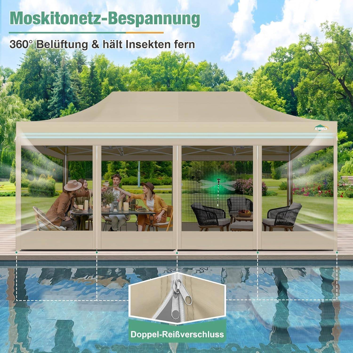 COBIZI Faltpavillon 3x6 m mit Moskitonetz, wasserdicht, stabil | UV-Schutz 50+, 3-fach höhenverstellbar, 6 Seitenwände, robustes 420D Oxford-Gewebe