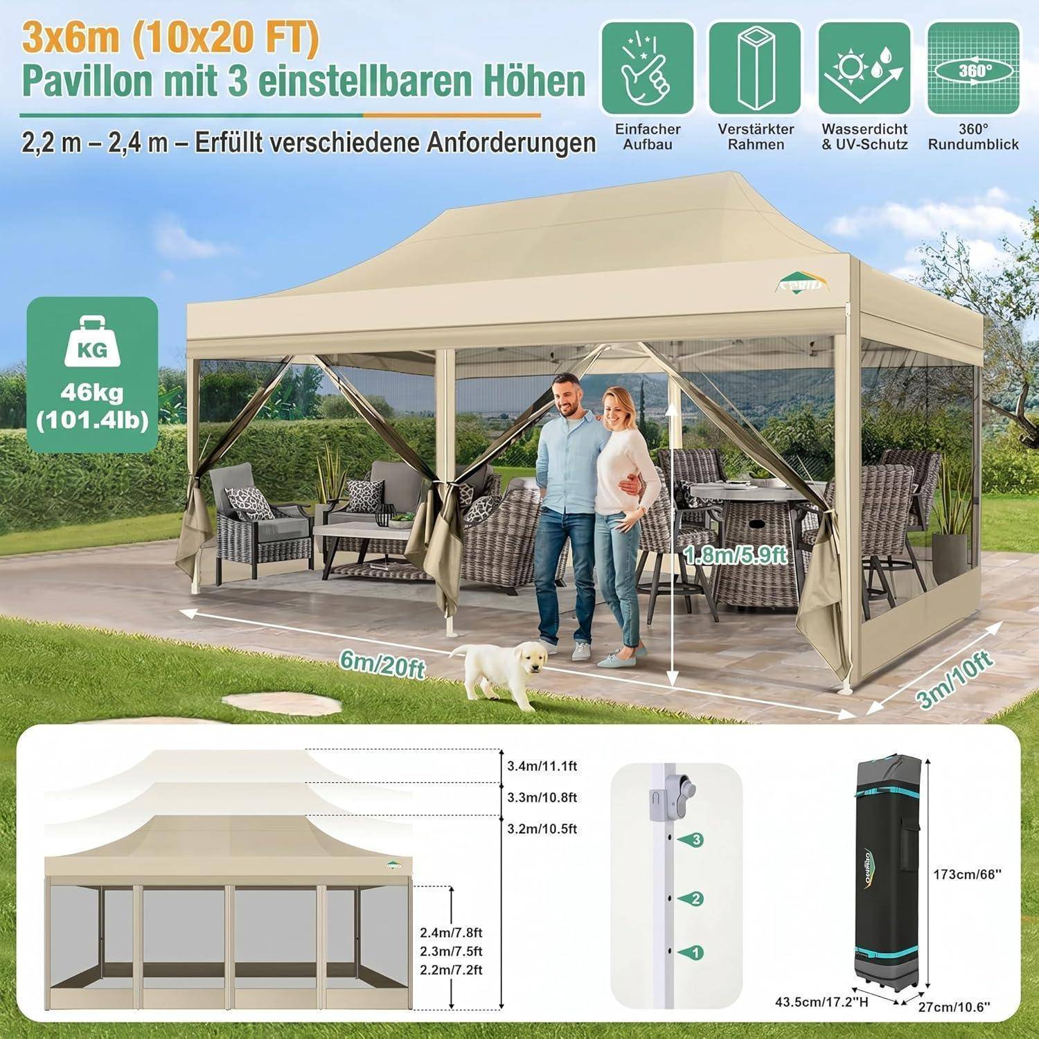 COBIZI Faltpavillon 3x6 m mit Moskitonetz, wasserdicht, stabil | UV-Schutz 50+, 3-fach höhenverstellbar, 6 Seitenwände, robustes 420D Oxford-Gewebe