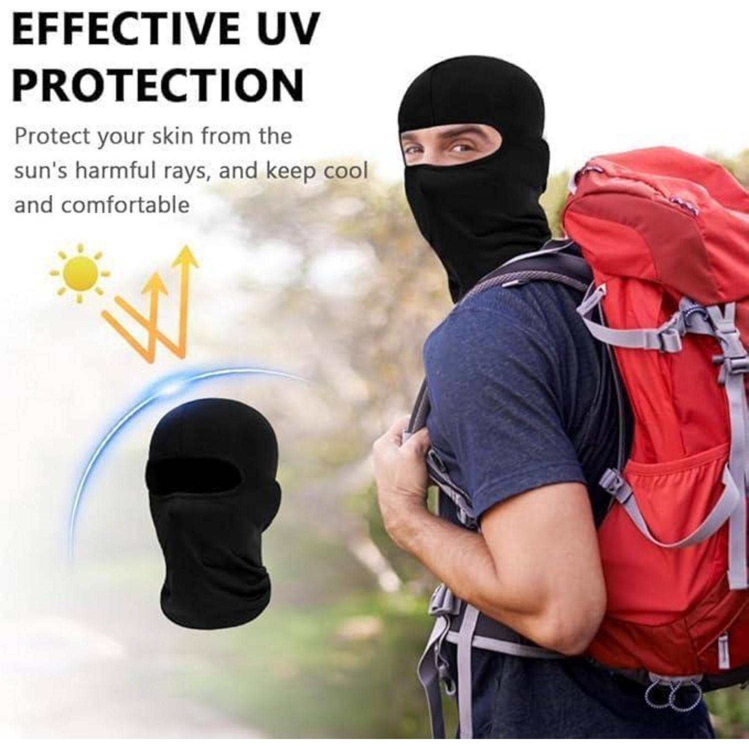 Anzeige zeigt eine schwarze UV-Schutz-Gesichtsmaske; Text sagt „EFFEKTIVER UV-SCHUTZ" und „Schützen Sie Ihre Haut vor schädlichen Sonnenstrahlen und bleiben Sie kühl und komfortabel."