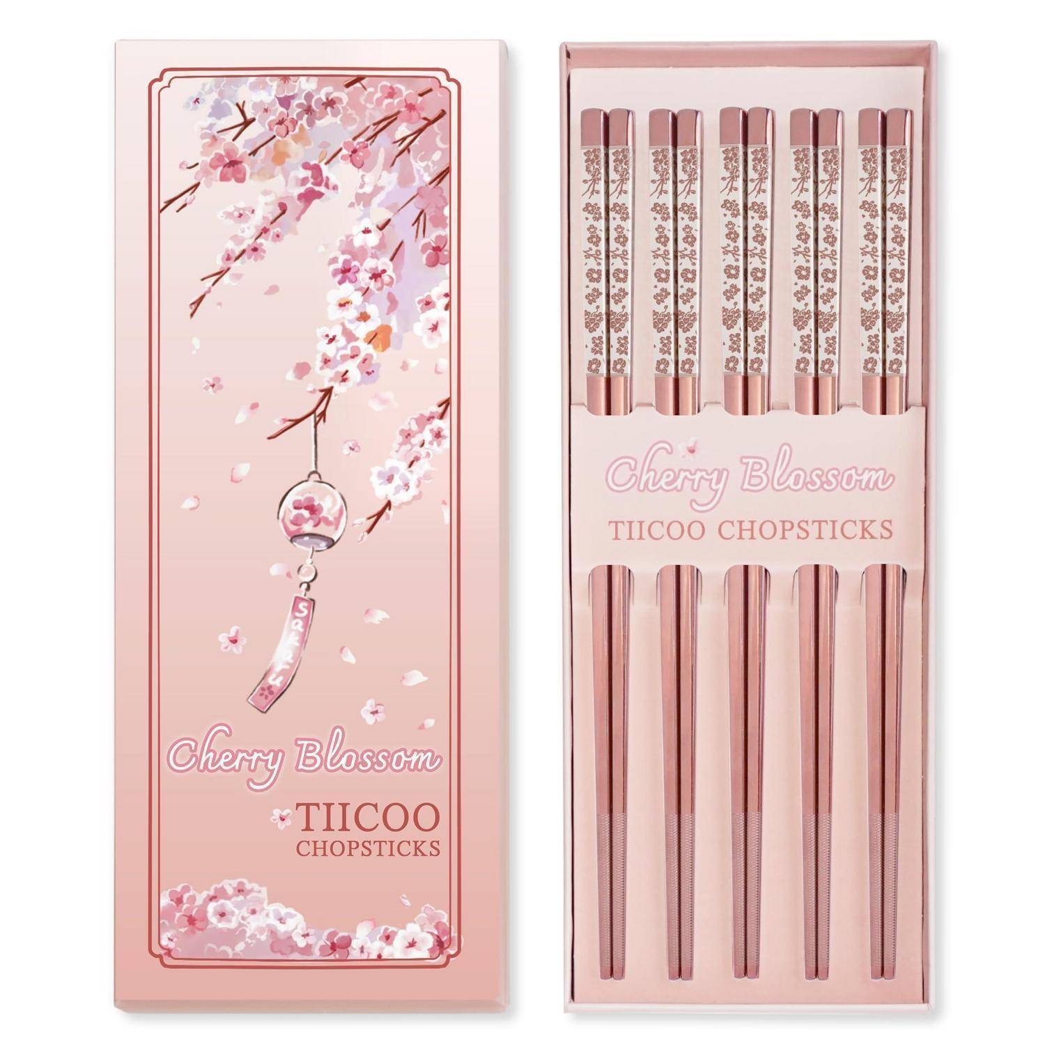 Rosa Kirschblüten-TICOO-Essstäbchen-Set in dekorativer Geschenkverpackung mit Blumendesign und sechs Essstäbchen im Inneren.