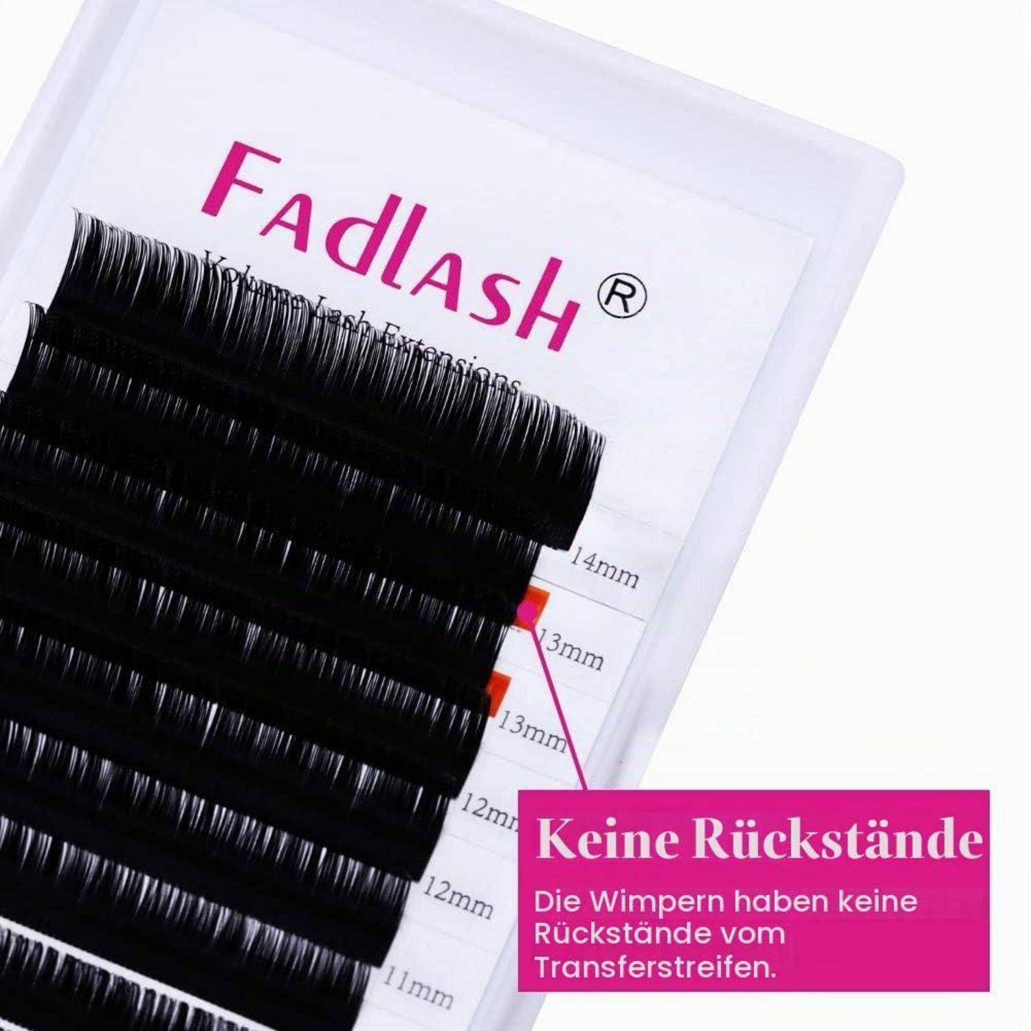 Schwarze Wimpernverlängerungsstreifen auf einer Fadlash-Verpackung mit deutschem Text, der behauptet, dass nach dem Entfernen der Transferstreifen keine Rückstände auf natürlichen Wimpern verbleiben.