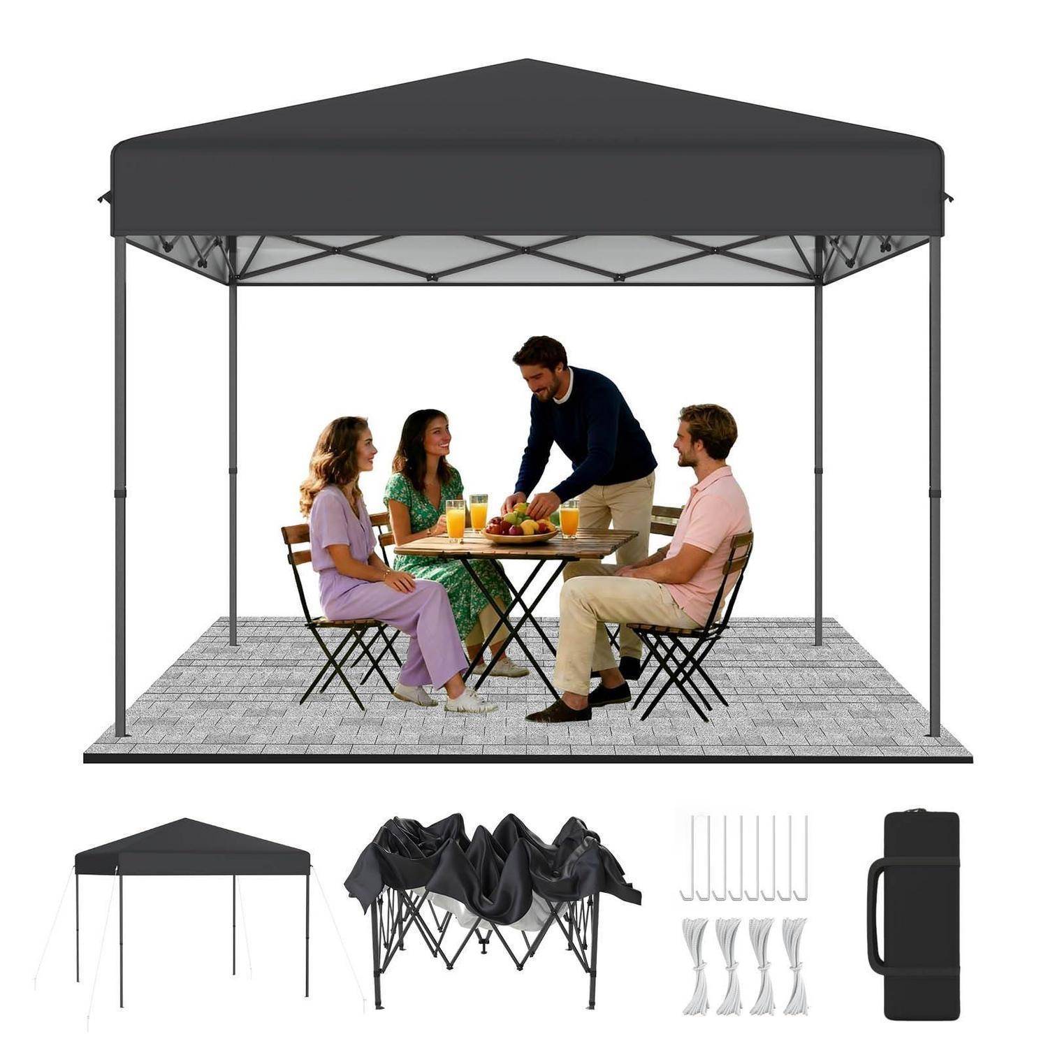 Pop-Up-Baldachinkuppel mit vier Personen, die um einen Tisch darunter sitzen, plus zusammengeklapptem Zelt, Heringen und Tragetasche, unten gezeigt.