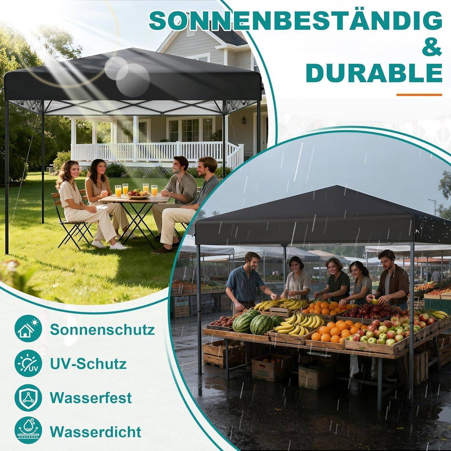 Werbebilder eines schwarzen Pop-Up-Sonnendachs zur Verwendung im Freien, dargestellt über einer Terrassengruppe und einem regnerischen Marktstand, mit dem Text „SONNENBESTÄNDIG & DURABLE" und Symbolen für Sonnenschutz, UV-Schutz, wasserfest und wasserdicht.
