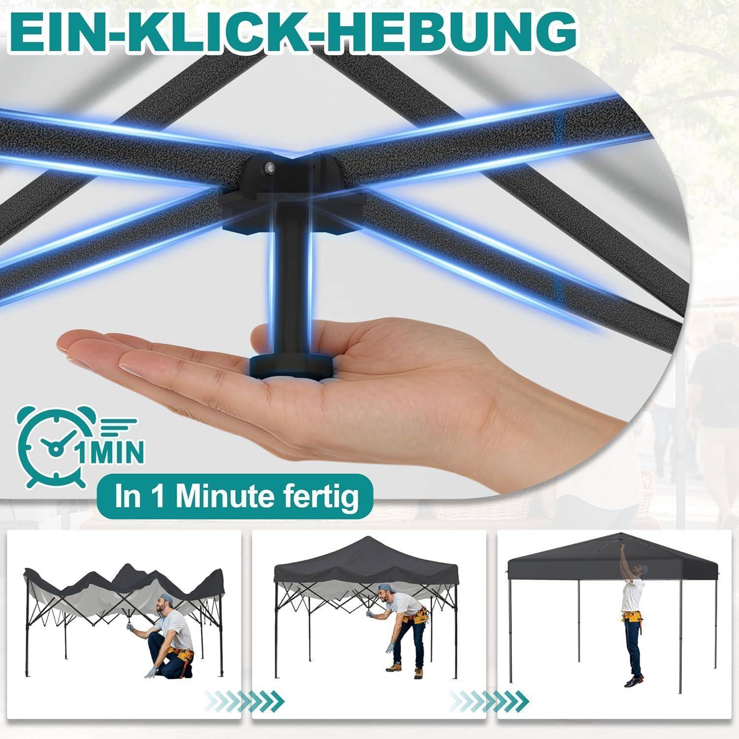 Faltbares Kuppelzelt mit Ein-Klick-Hebemontage in einer Hand gezeigt; Text sagt "EIN-KLICK-HEBUNG"" und ""In 1 Minute fertig"" mit 1-Minuten-Symbol und Aufbauschritten darunter.