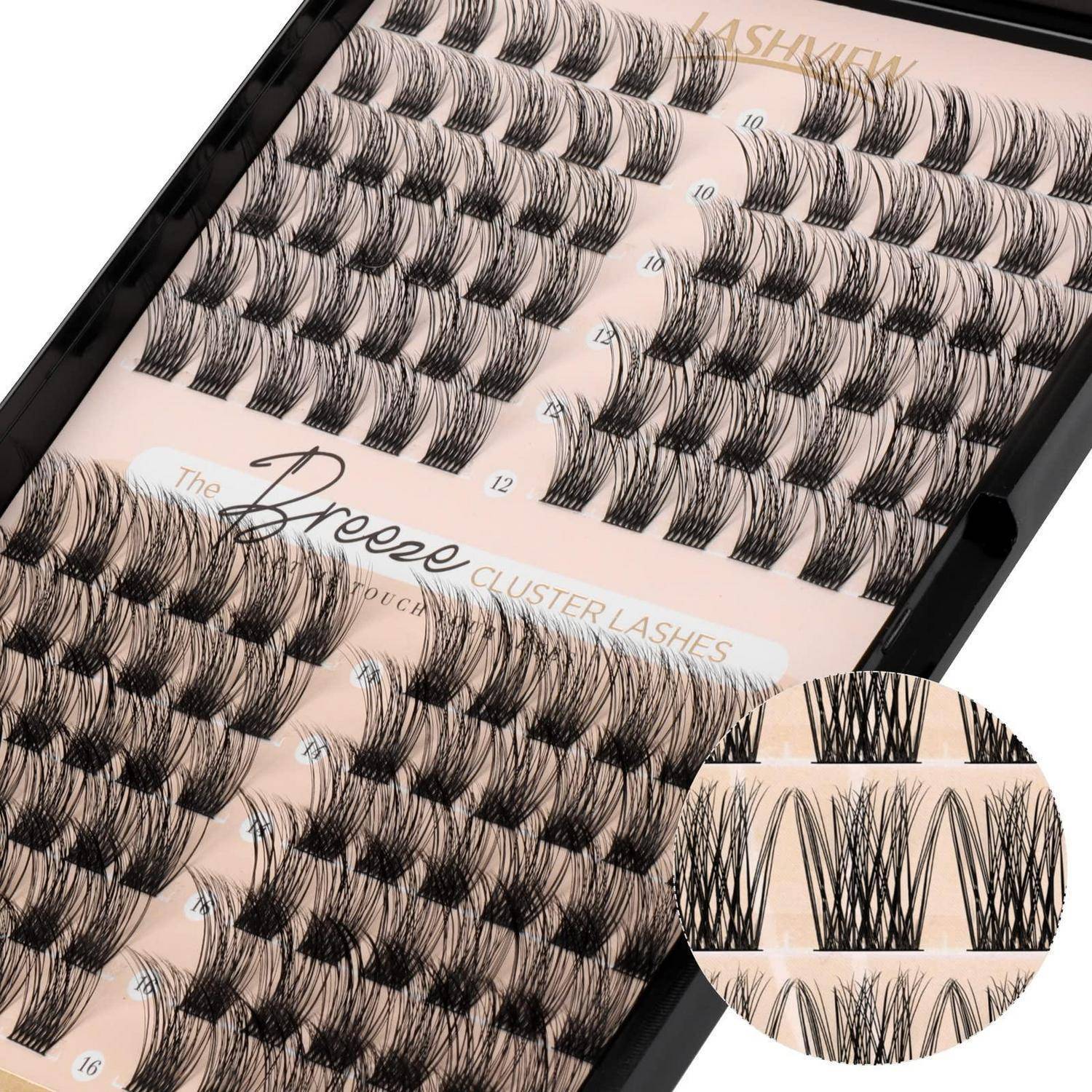 Sortiertes Tablett mit falschen Wimpernbüscheln, das mehrere Wimpernstile zeigt, mit einer kreisförmigen Detailaufnahme von Wimpernspitzen und -längen.