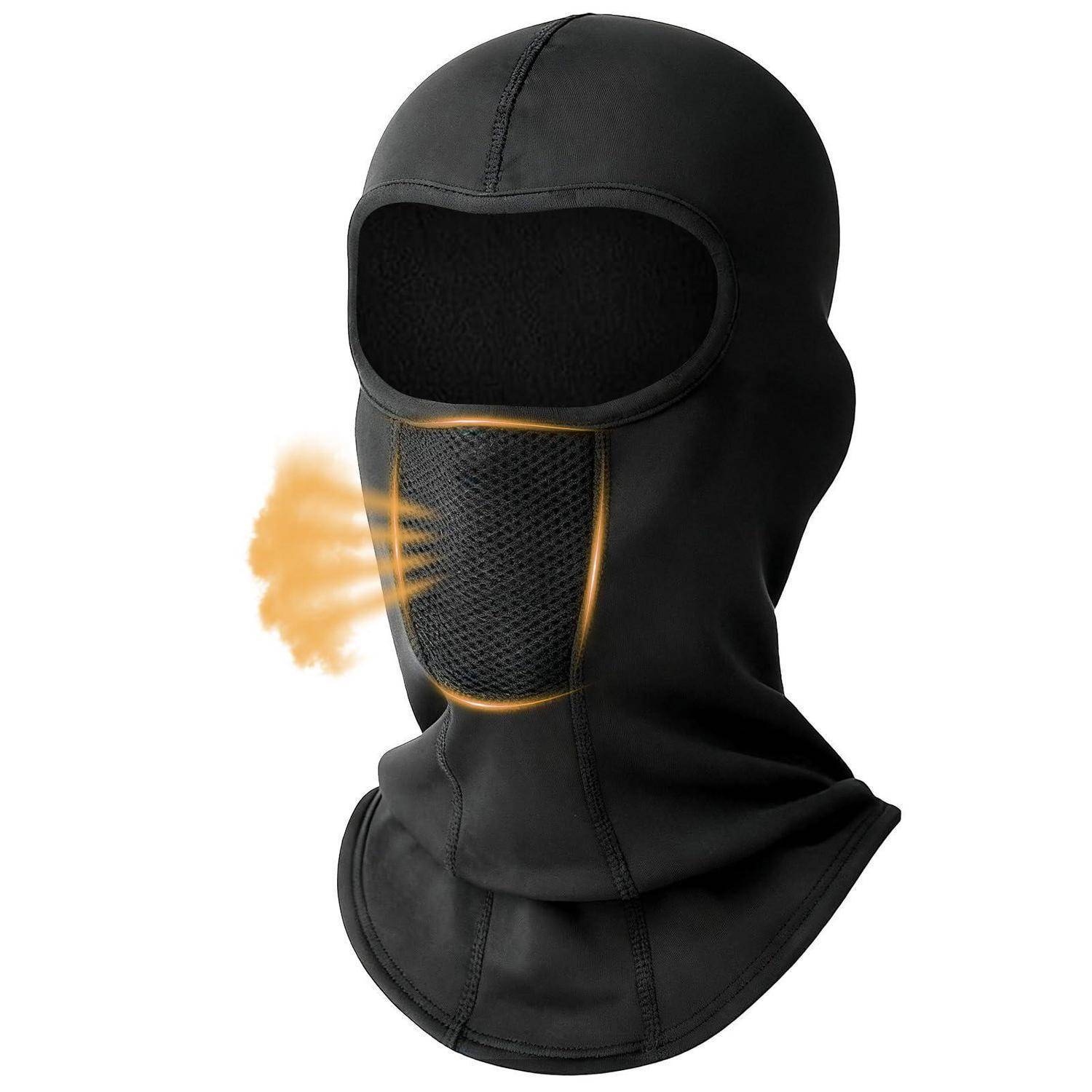 Schwarze Sturmhaube im Balaclava-Stil mit Mesh-Mundöffnung, dargestellt mit gelbem Lichtstrahl von der Seite.