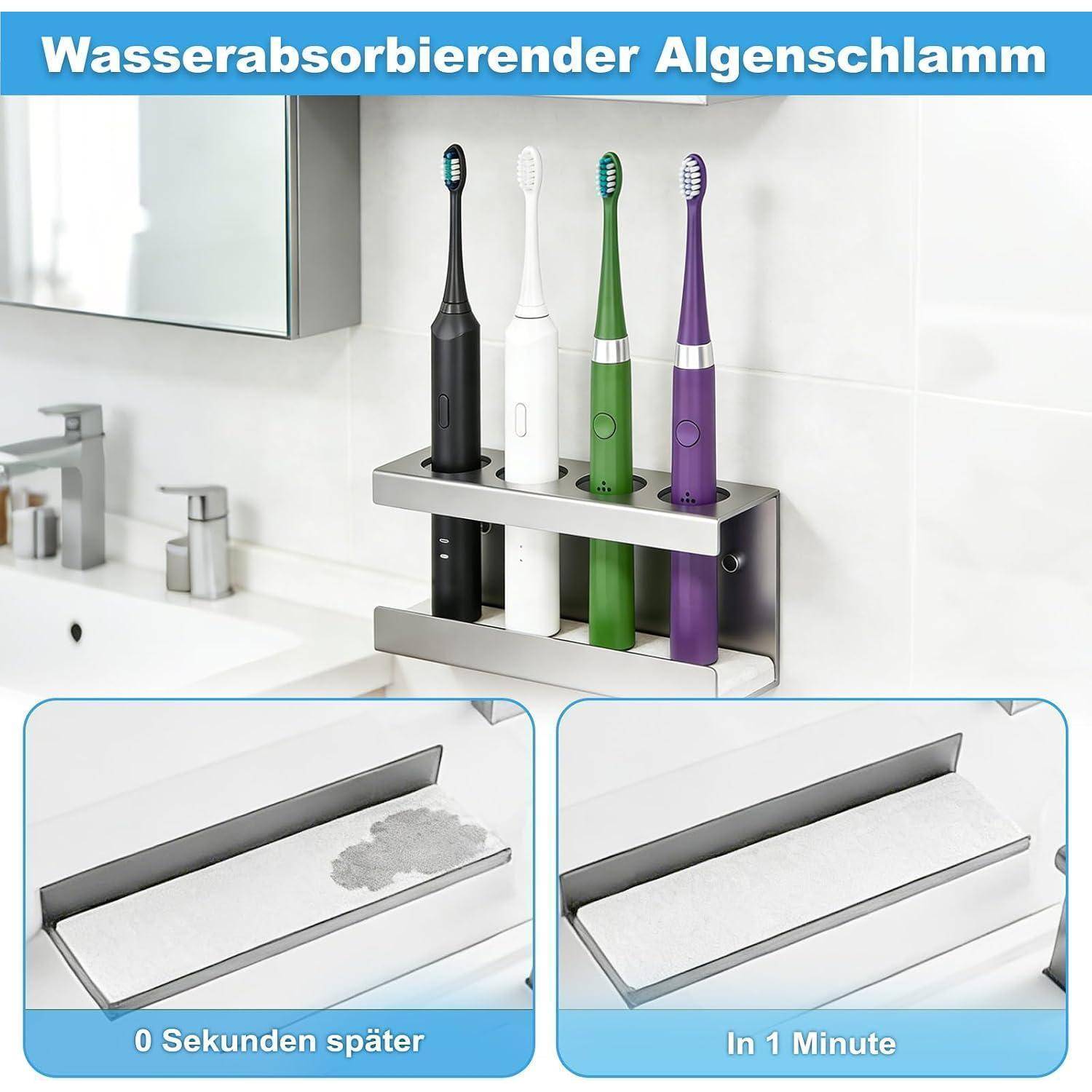 Anzeige für einen Zahnbürstenhalter mit wassersaugender Schlammwanne, der vier elektrische Zahnbürsten im Badezimmer zeigt und zwei Felder: '0 Sekunden später' nass, 'Nach 1 Minute' trocken.