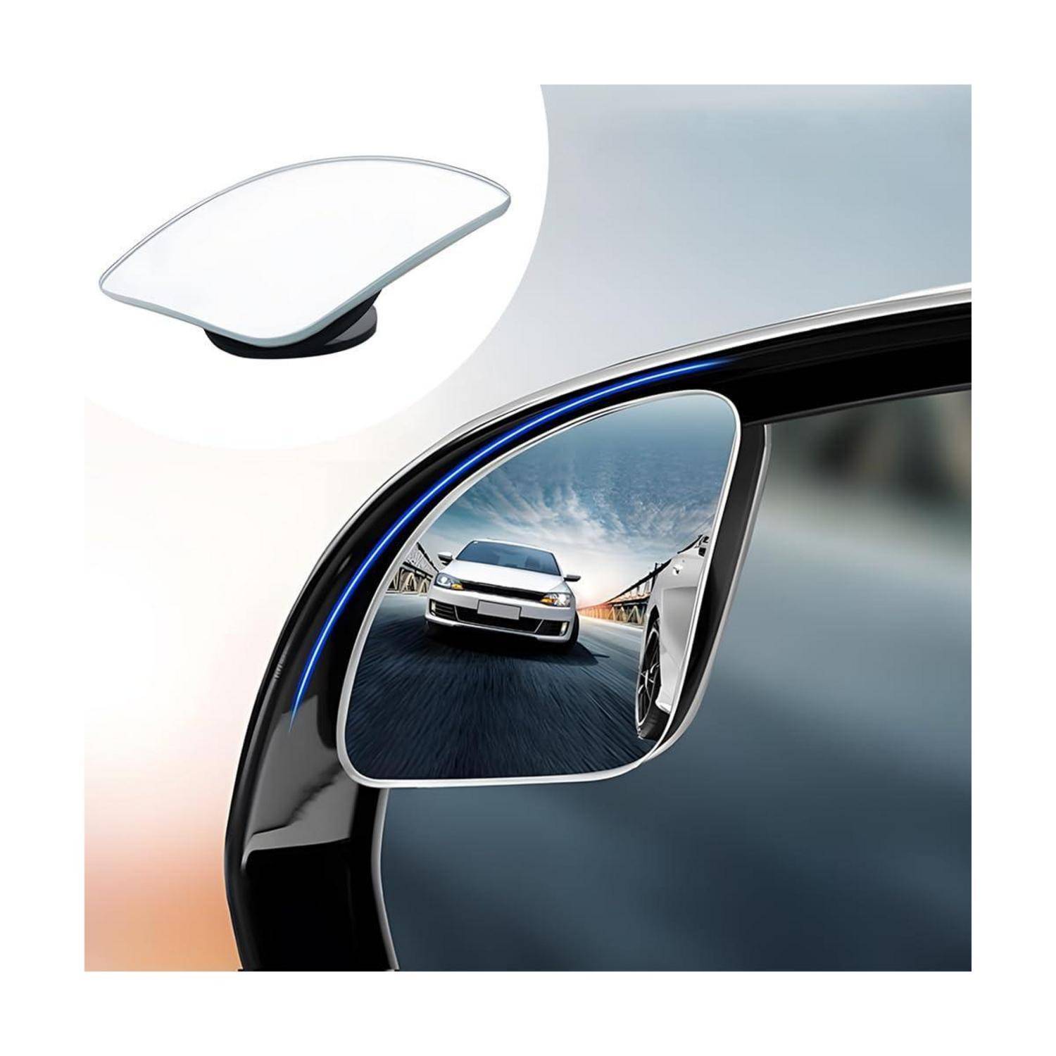 Autoseitenspiegel mit Blindwinkelansicht, das ein dahinter fahrendes Auto zeigt, plus Einsatzbild des Spiegelabdeckungsdesigns.