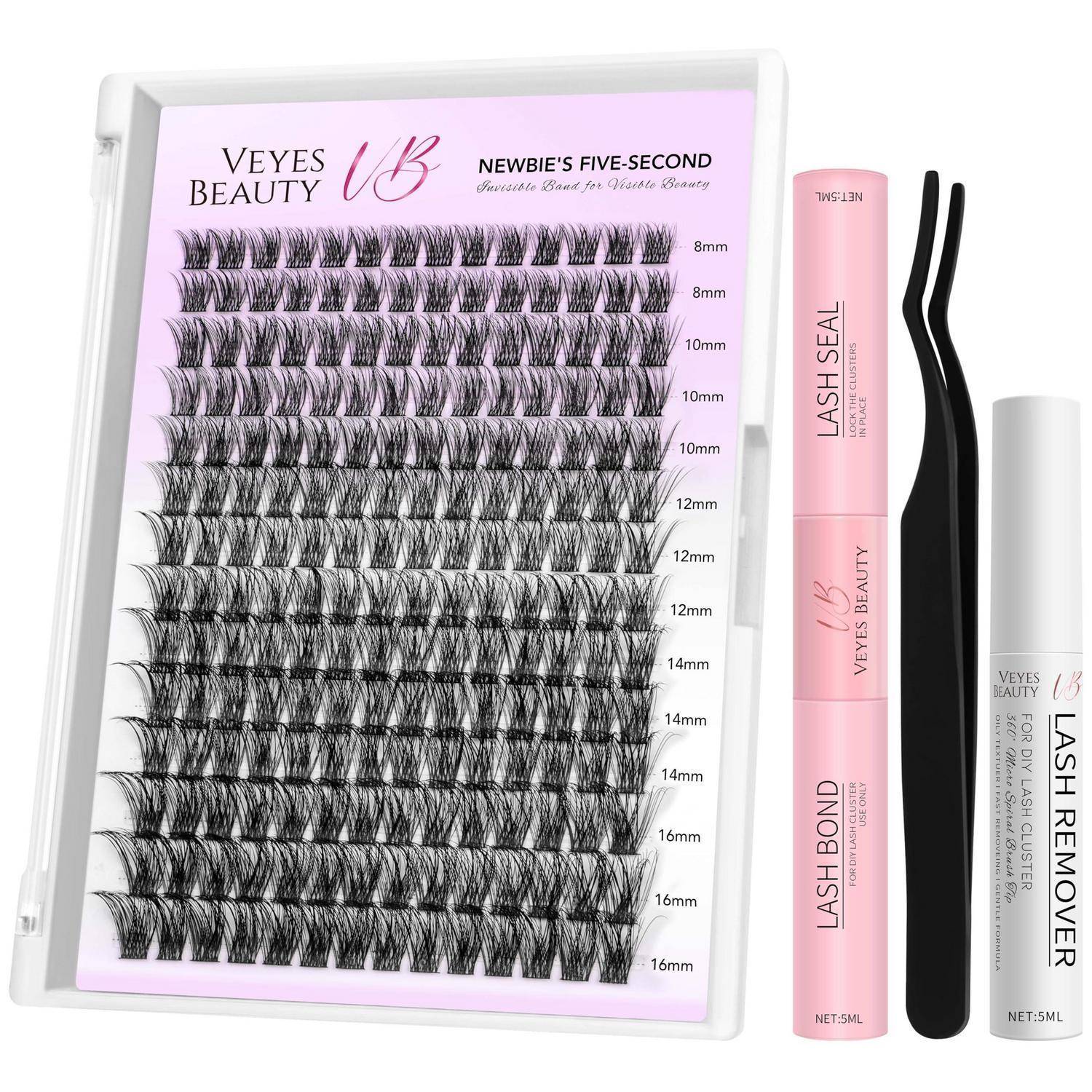 Veyes Beauty Wimpernverlängerungs-Set mit Tablett falscher Wimpern in gemischten Längen, Lash Seal und Lash Bond Röhrchen, Entferner-Flasche und Applikator-Pinzette.