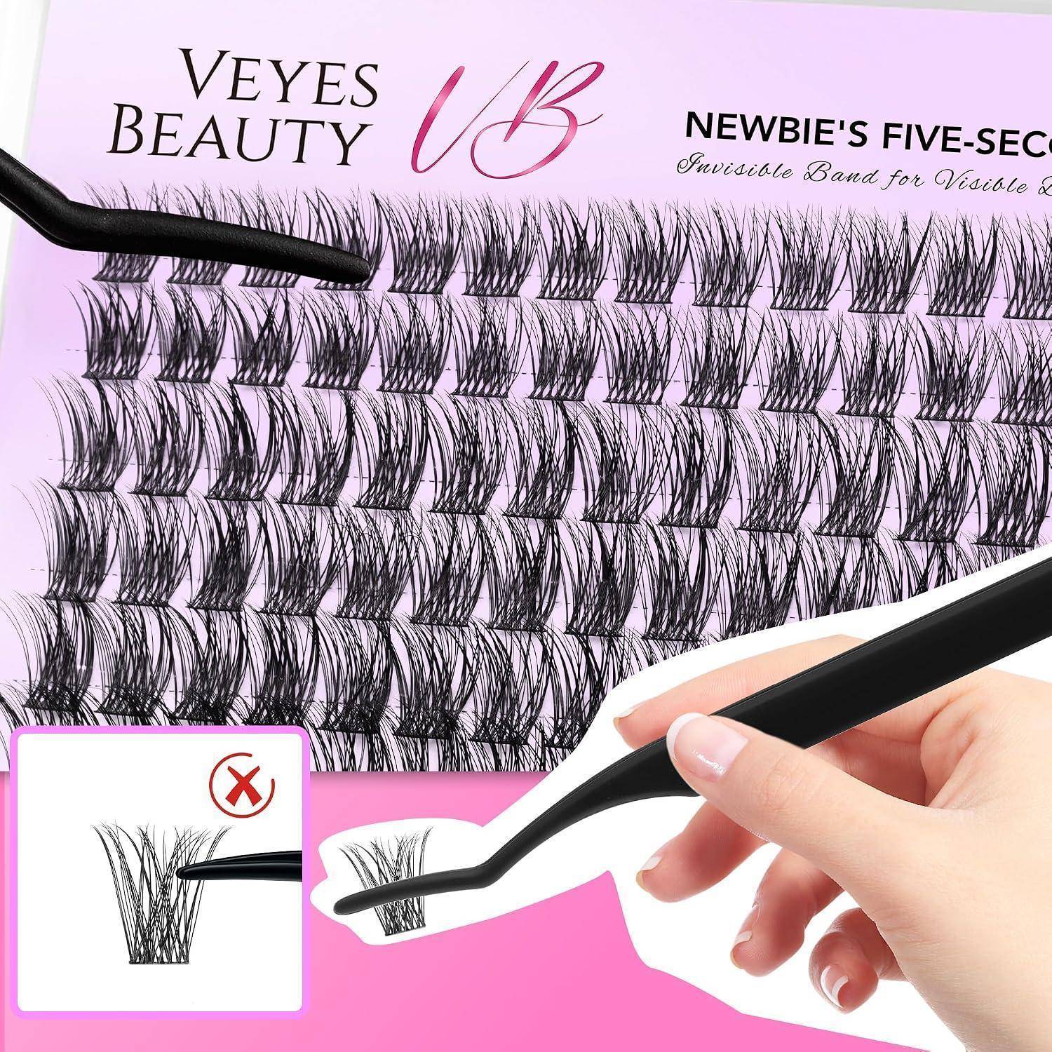 Hand, die einen falschen Wimperncluster-Strip mit einer Pinzette auf einer 'VEYES BEAUTY' Anzeigetafel platziert, mit unsichtbaren Wimpernbändern von fünf Sekunden.