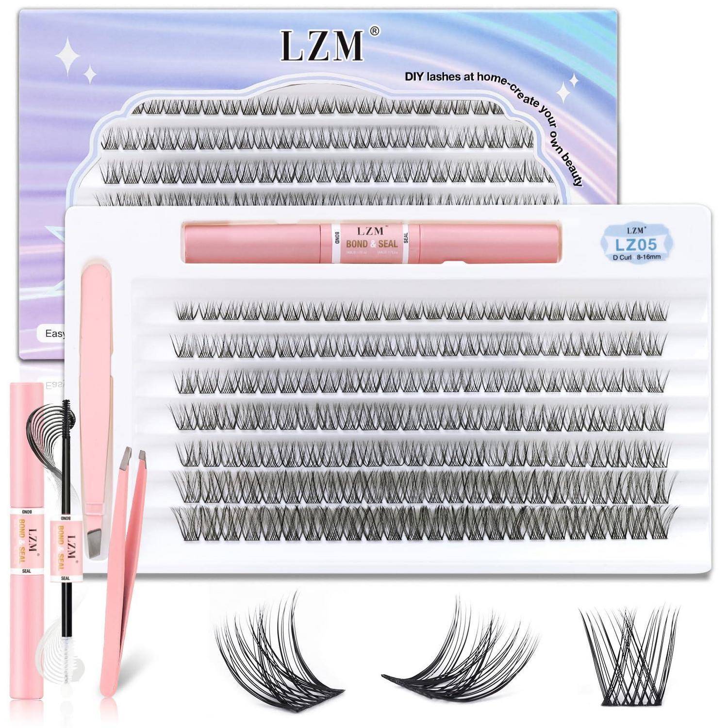 LZM DIY-Wimpernset mit mehreren Wimpernstreifen, Applikator-Werkzeug, Wimpernkleber, Pinzette und Beispiel-Wimpernstilen zur Verwendung zu Hause.