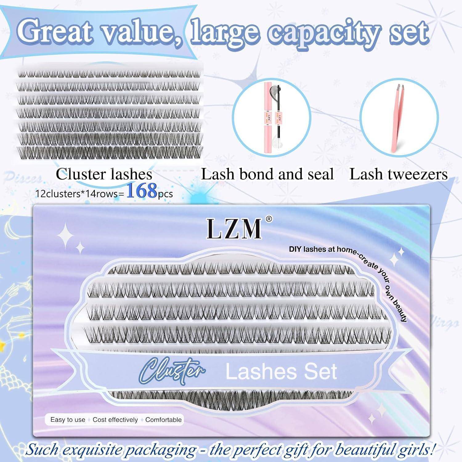 Werbebild für ein LZM Cluster-Wimpern-Set mit 168 Wimpernbündeln, Wimpernbond und Versiegelung sowie Wimpernpinzetten in pastellfarbener Verpackung.