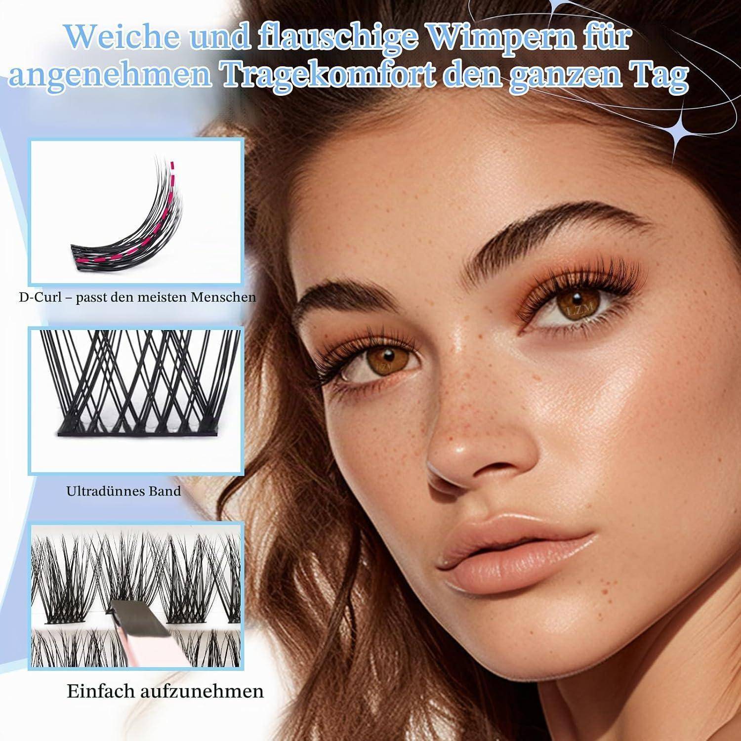 Werbeanzeige für Schönheitsprodukte mit einer Frau mit langen künstlichen Wimpern; der Text besagt, dass weiche, flauschige Wimpern angenehmen ganztägigen Tragekomfort bieten, mit D-Curl, ultrafeinem Band und einfacher Anwendung.