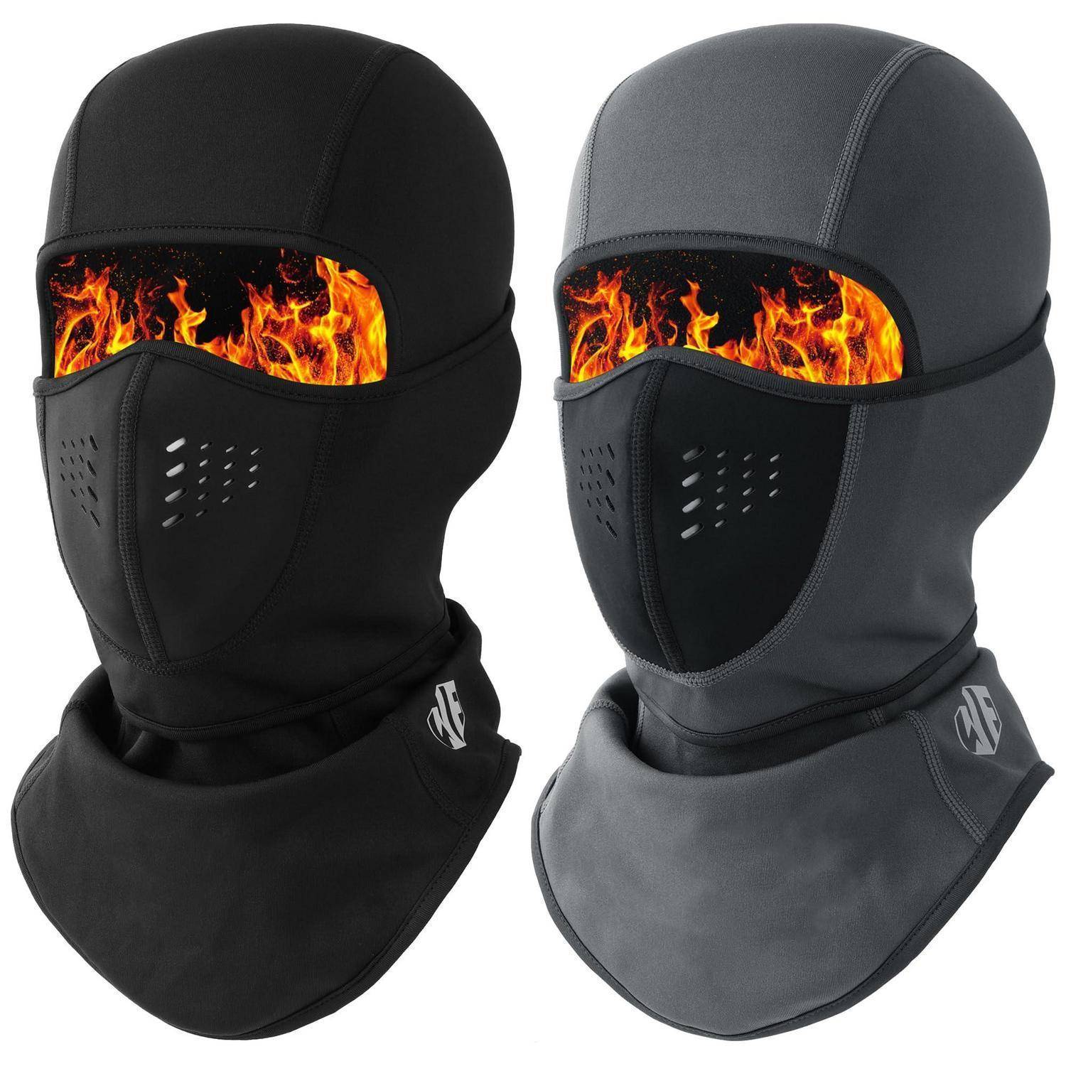 Zwei schwarze und graue Sturmhaubenstil-Gesichtsmasken mit feurig orangefarbenen Augenöffnungen, nebeneinander auf weißem Hintergrund dargestellt.